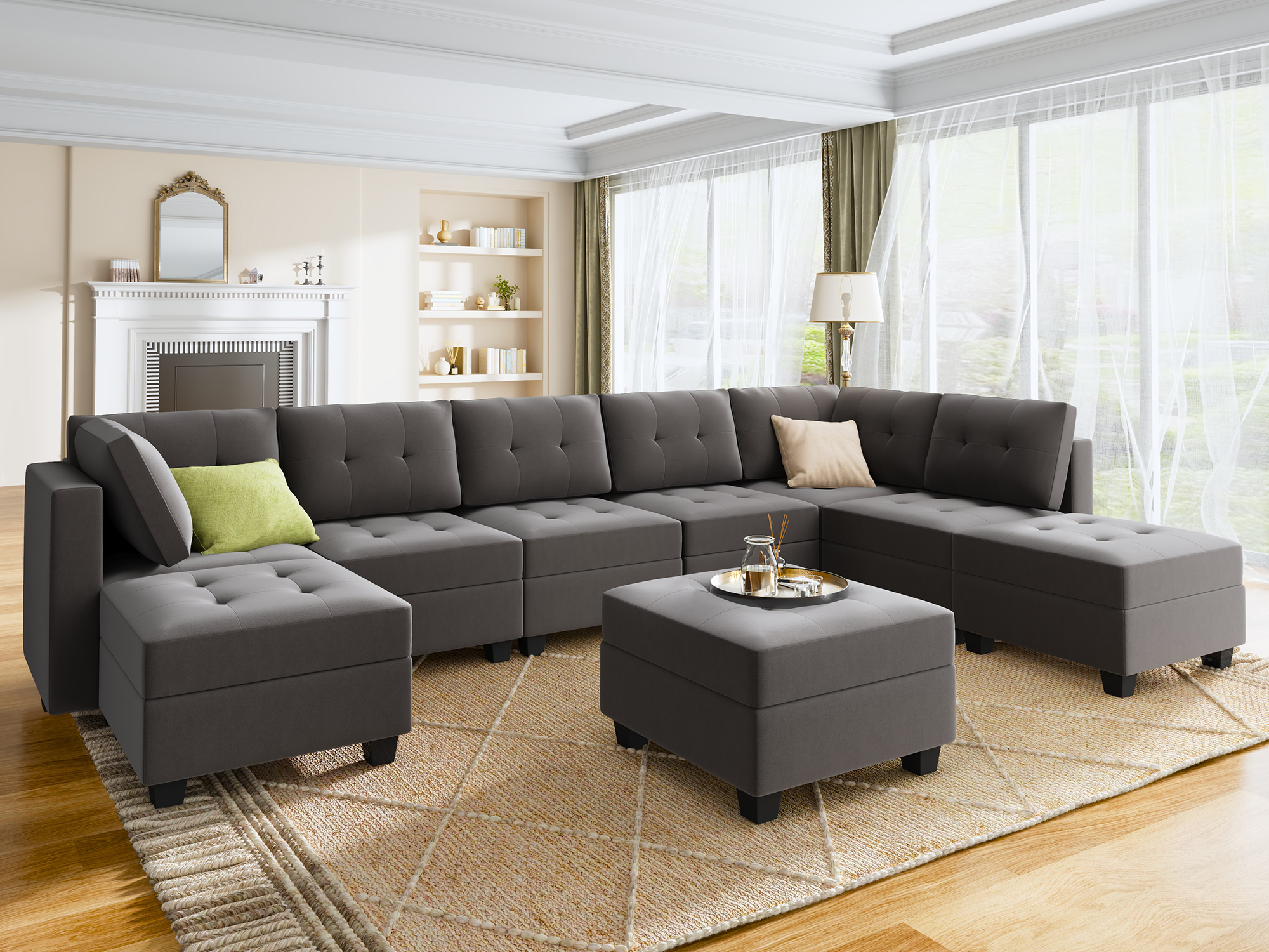 HONBAY 9-Piece Velvet Modular Sectional With Storage Seat #Color_Grey