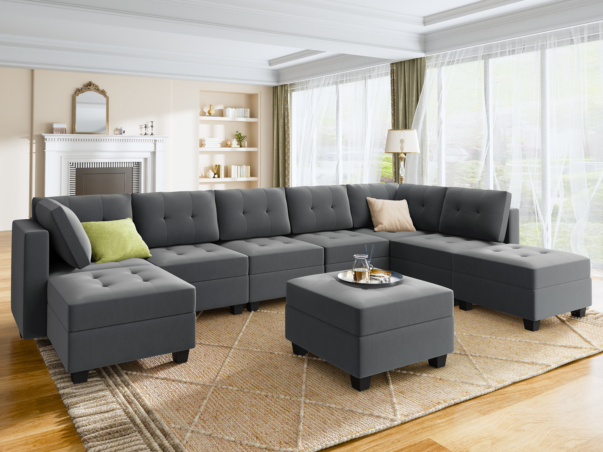 HONBAY Velvet Tufted 8-Seat Modular Sofa with Storage & Convertible Chaises