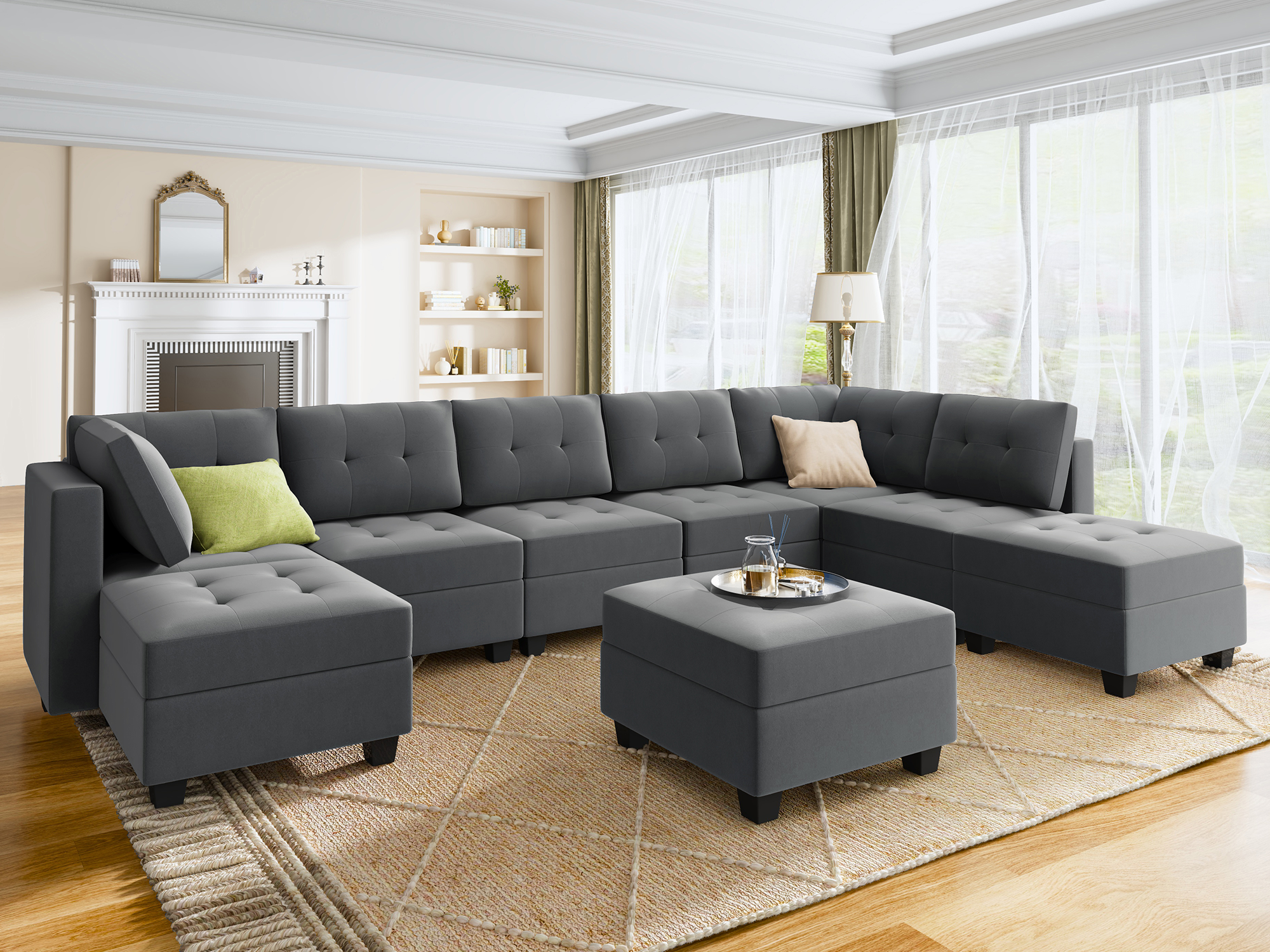 HONBAY 9-Piece Velvet Modular Sectional With Storage Seat #Color_Bluish Grey
