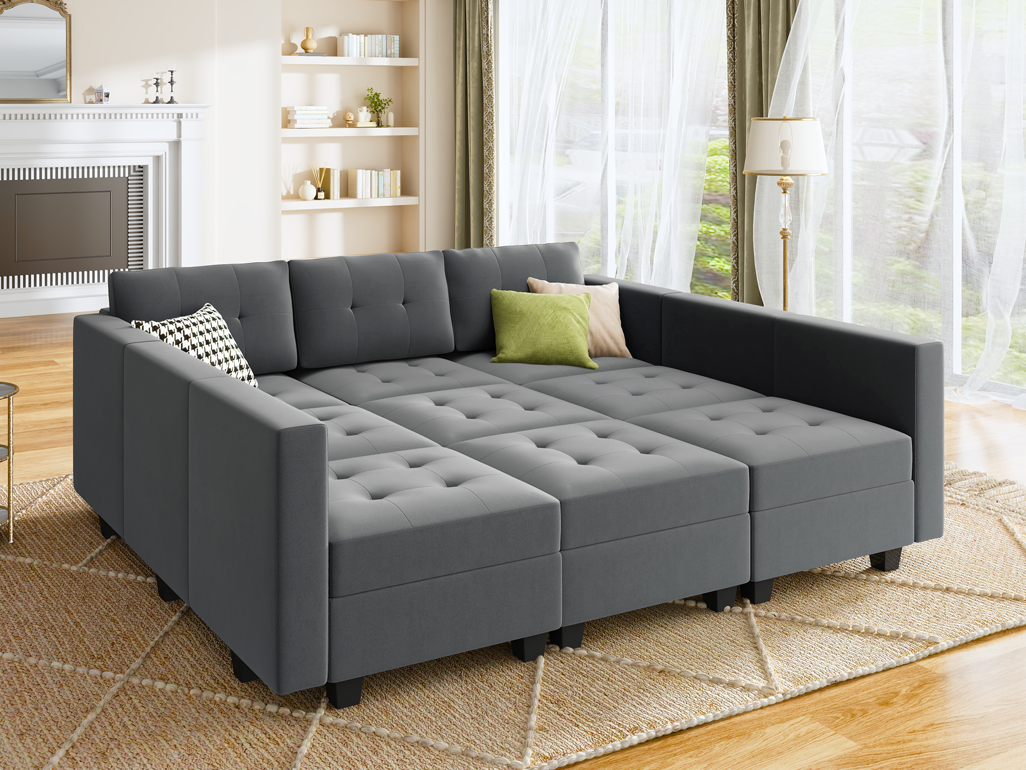 HONBAY Velvet Tufted 3-Seat Modular Storage Sofa Couch & Sofa Bed