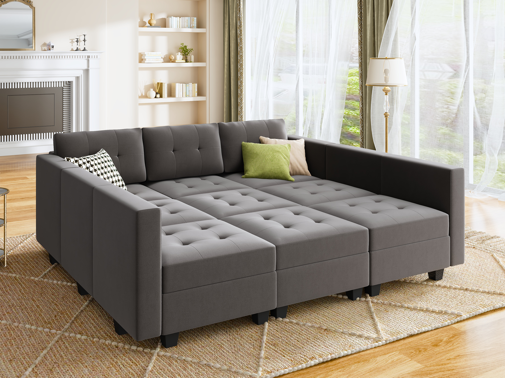 HONBAY Velvet Tufted 3-Seat Modular Storage Sofa Couch & Sofa Bed