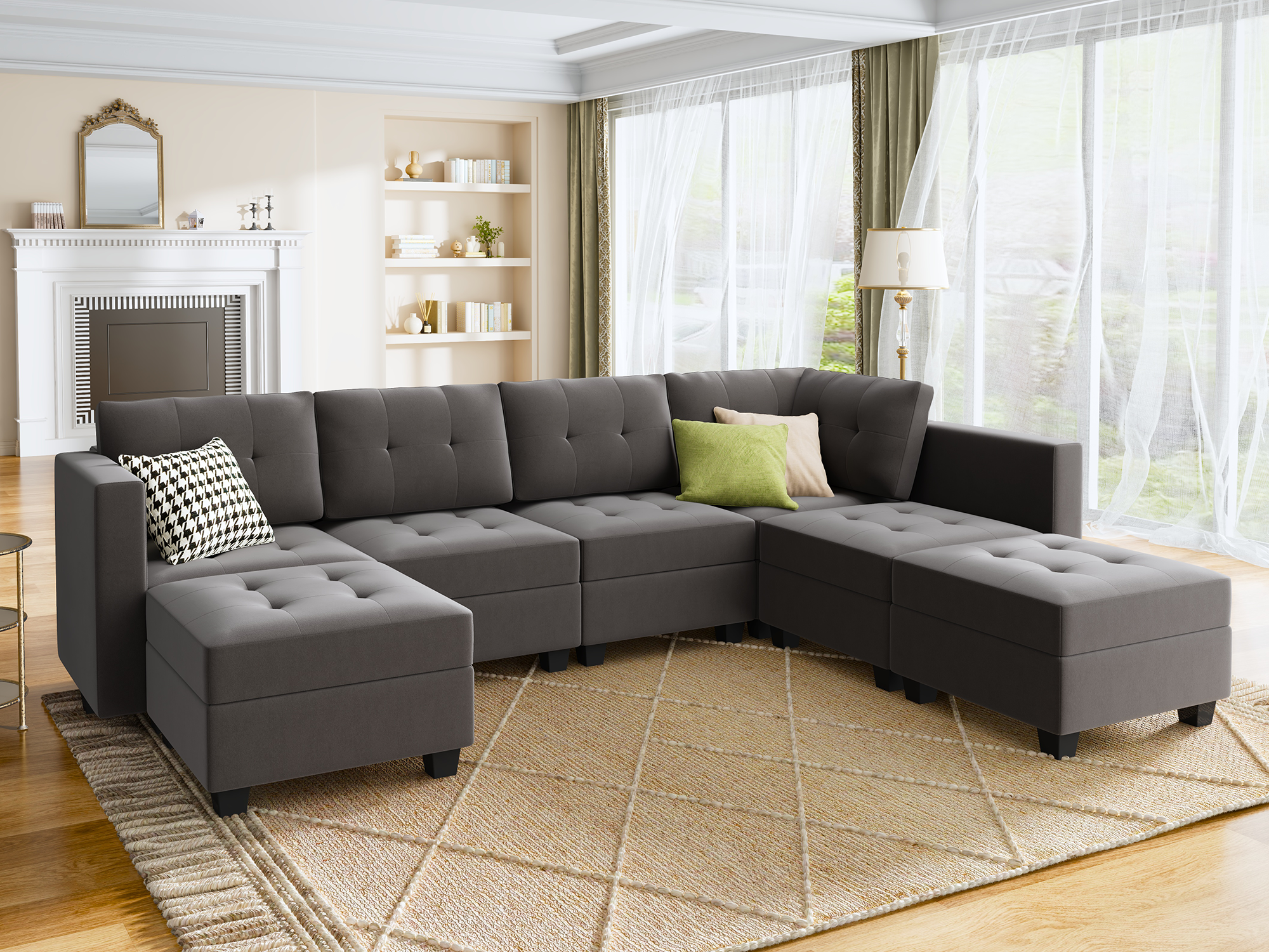 HONBAY Velvet Tufted 5-Seat U-Shaped Modular Storage Sofa with 2 Convertible Ottomans