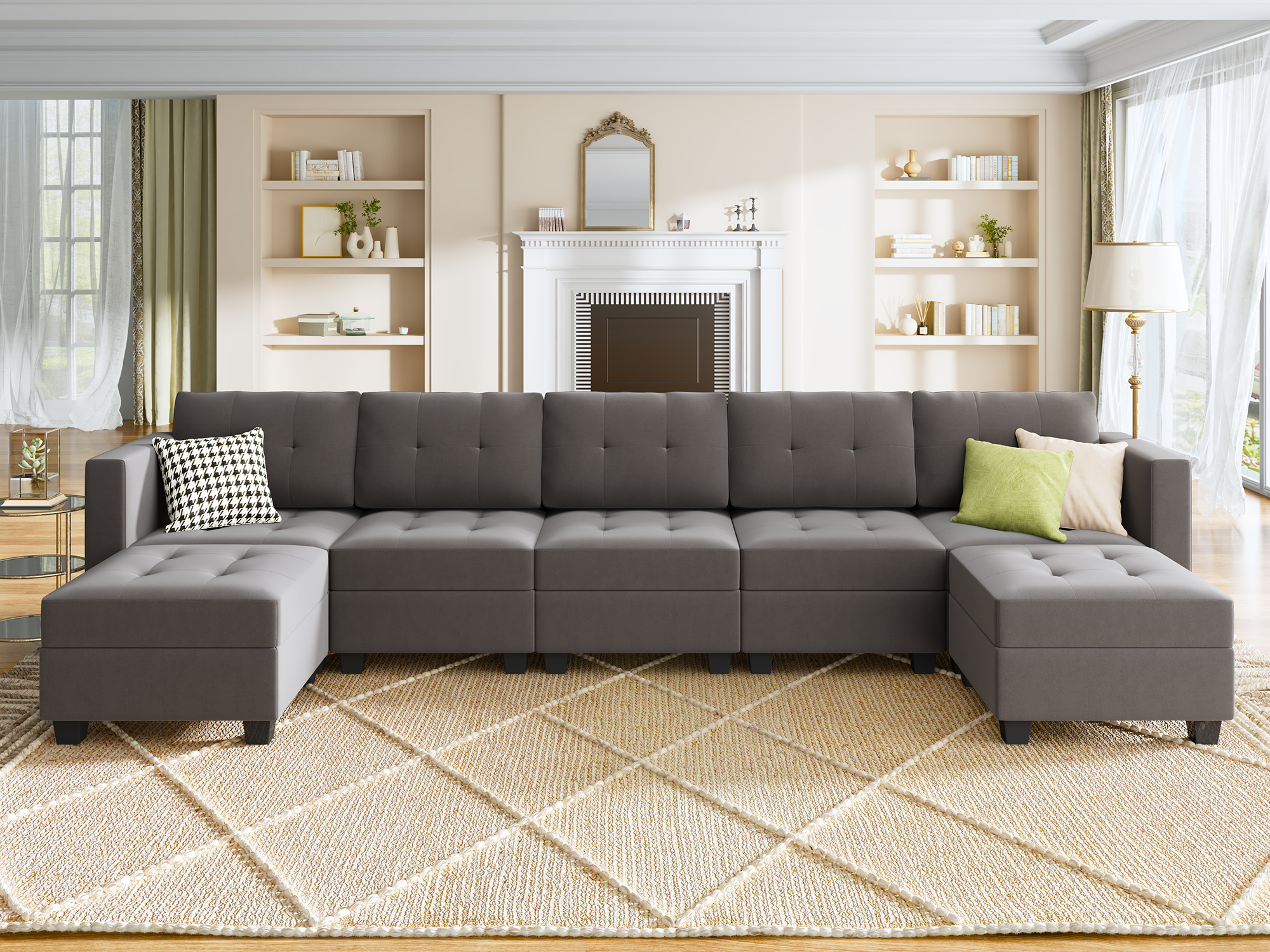 HONBAY Velvet Tufted 5-Seat U-Shaped Modular Storage Sofa with 2 Convertible Ottomans
