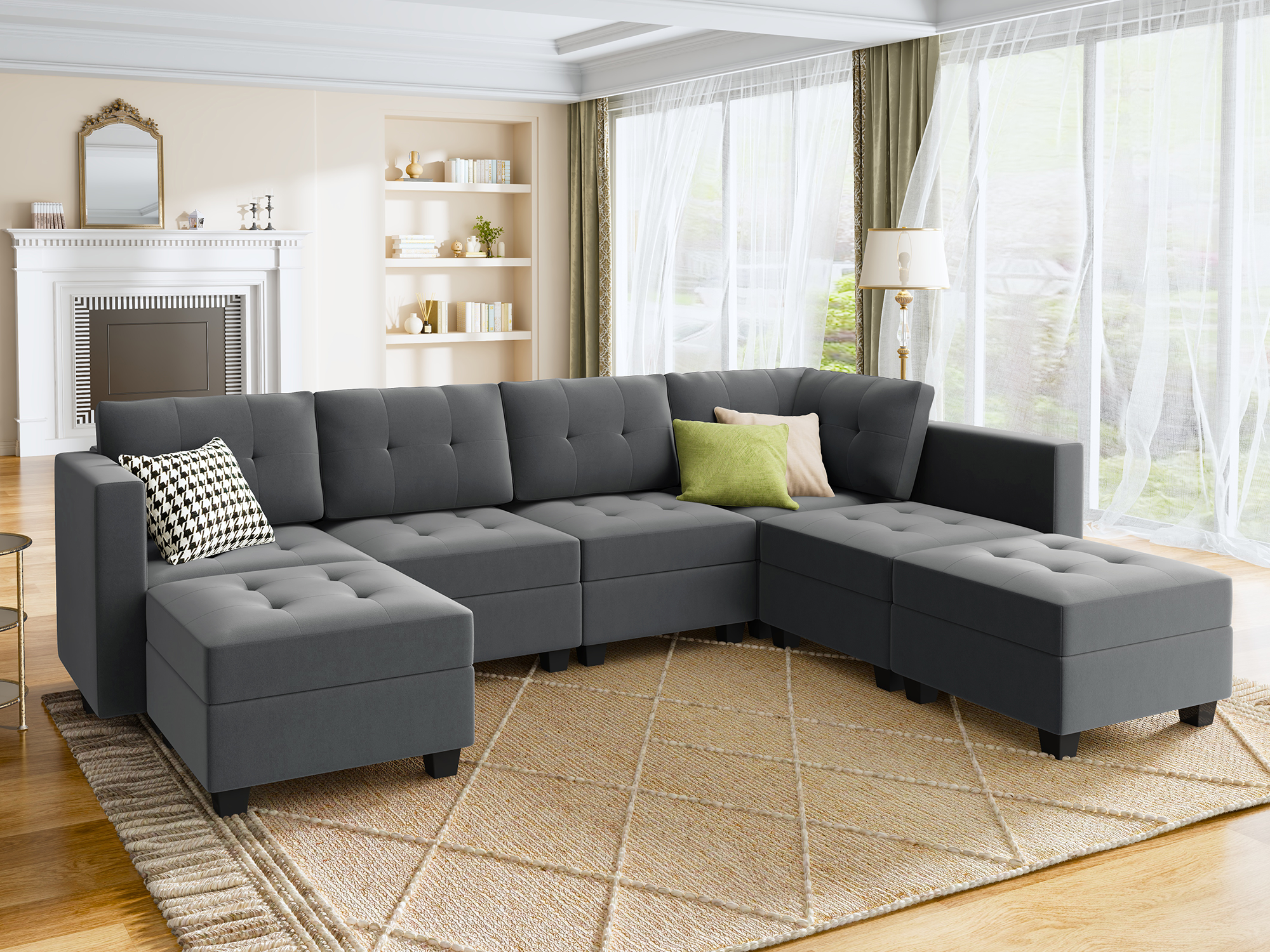 HONBAY Velvet Tufted 5-Seat U-Shaped Modular Storage Sofa with 2 Convertible Ottomans