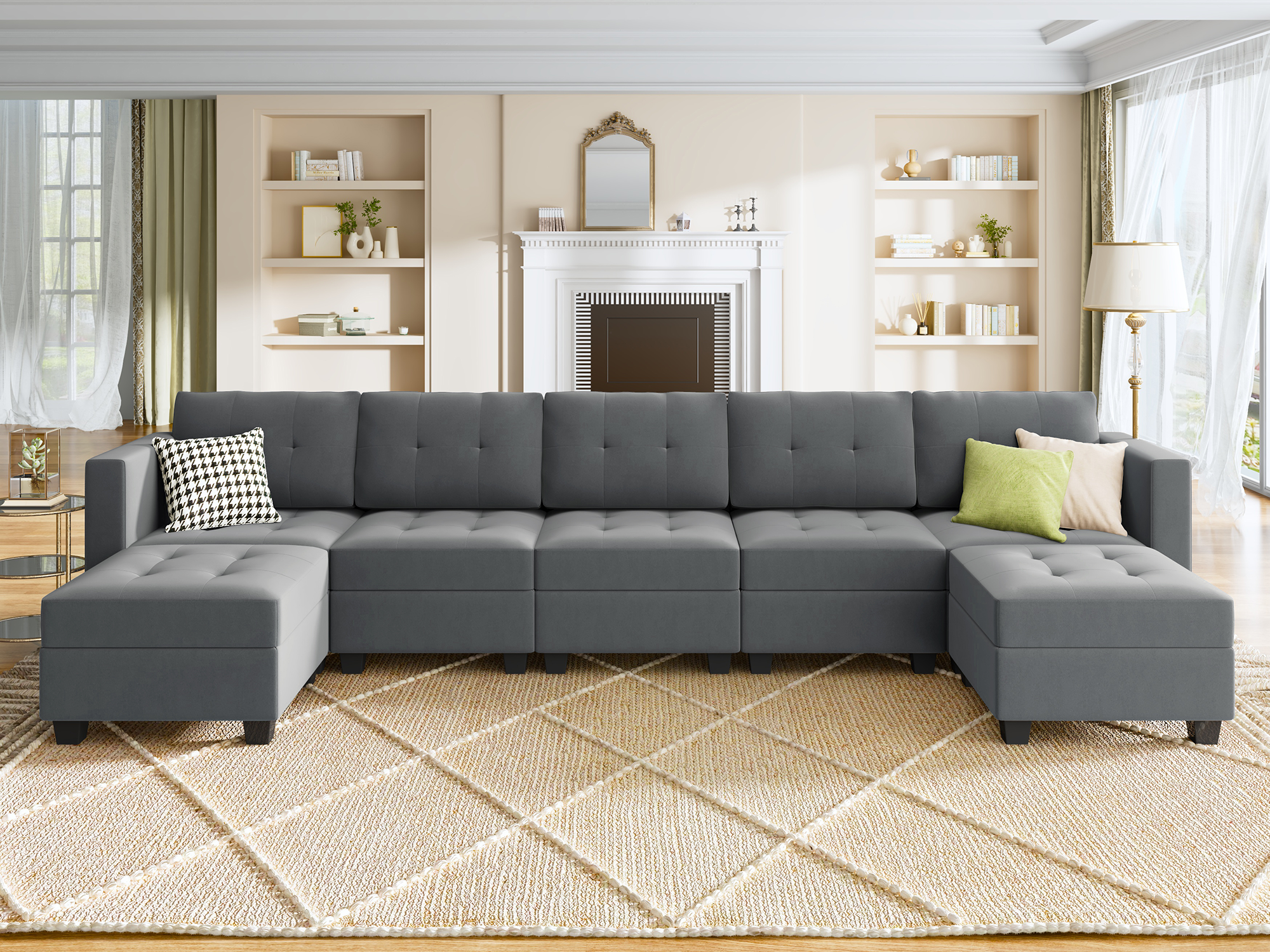 HONBAY Velvet Tufted 5-Seat U-Shaped Modular Storage Sofa with 2 Convertible Ottomans