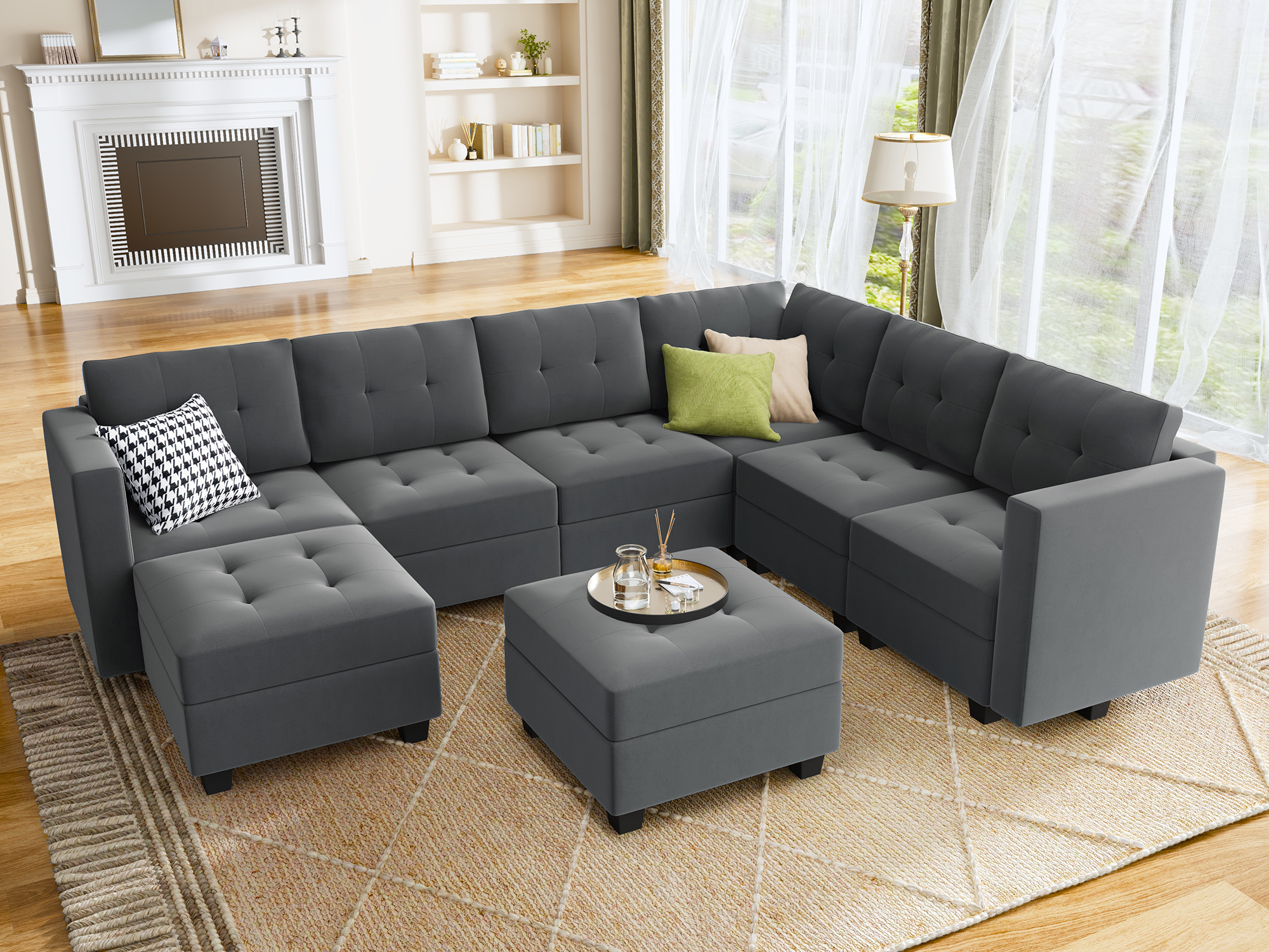 HONBAY Velvet Tufted 7-Seat Modular Sofa with Storage & Convertible Ottomans