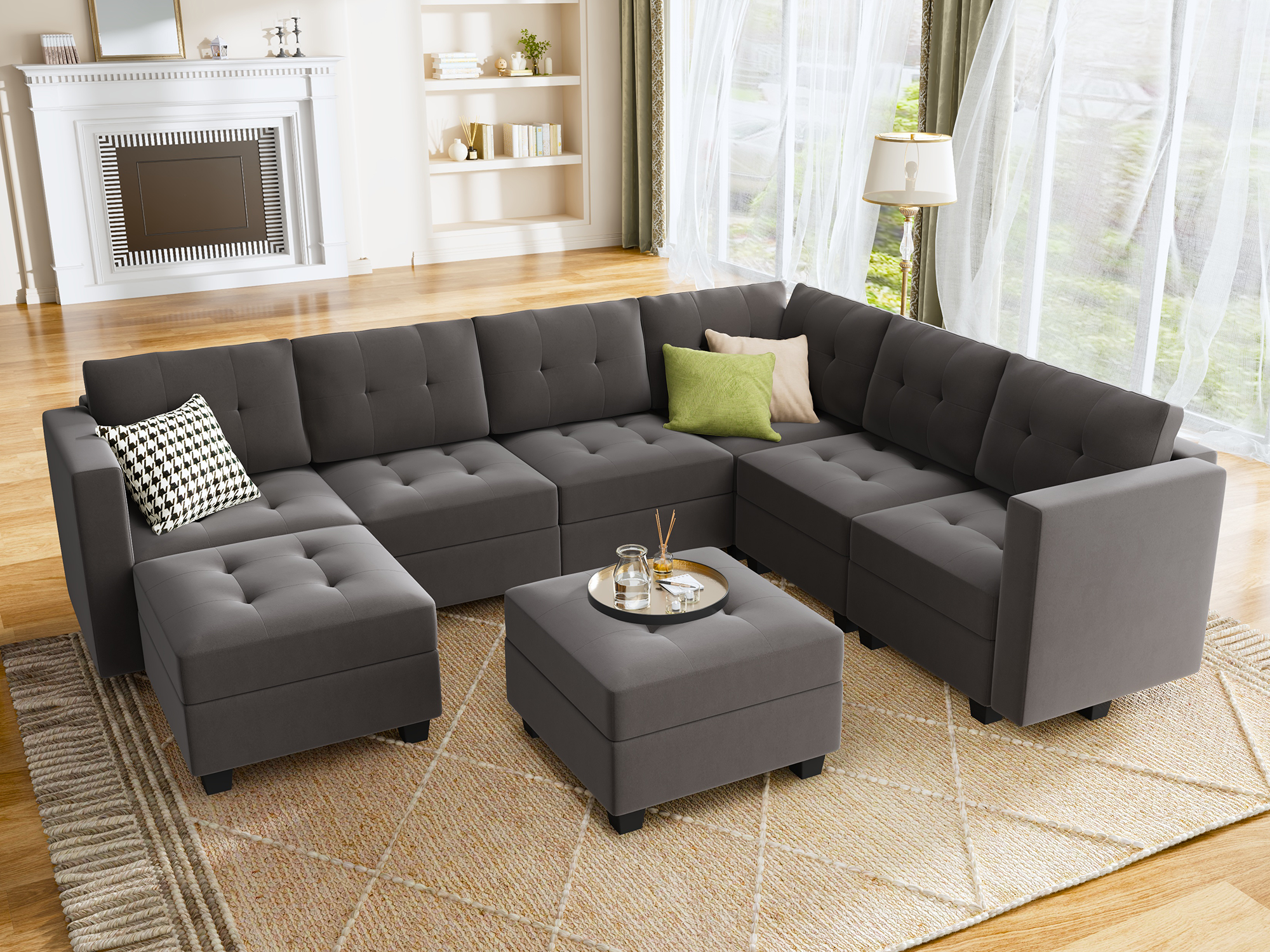 HONBAY Velvet Tufted 7-Seat Modular Sofa with Storage & Convertible Ottomans