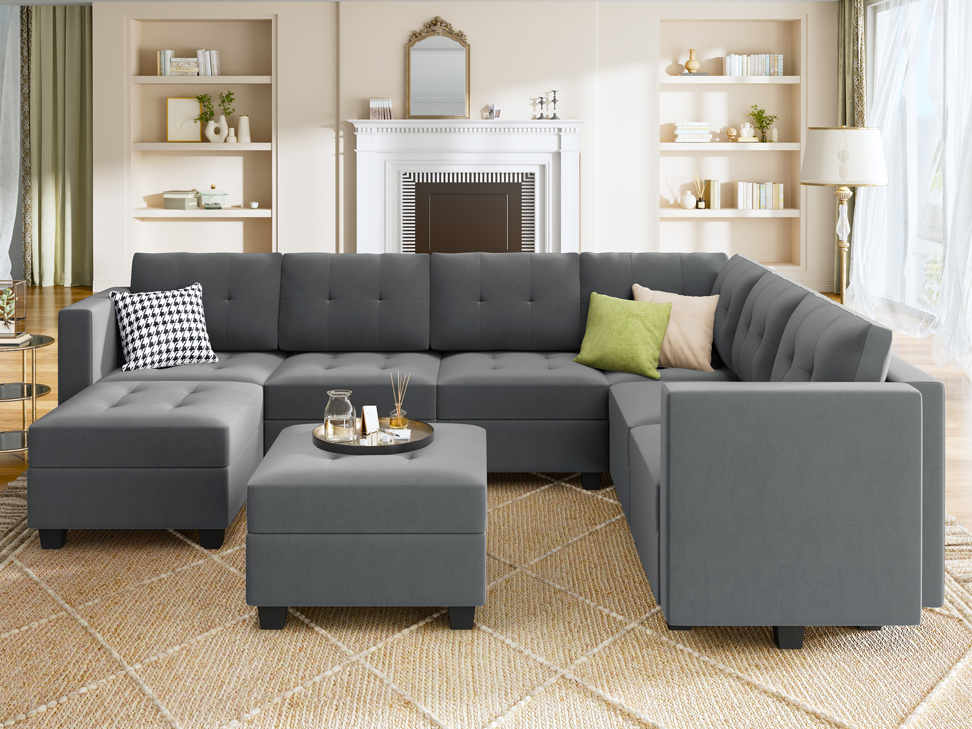 HONBAY Velvet Tufted 7-Seat Modular Sofa with Storage & Convertible Ottomans