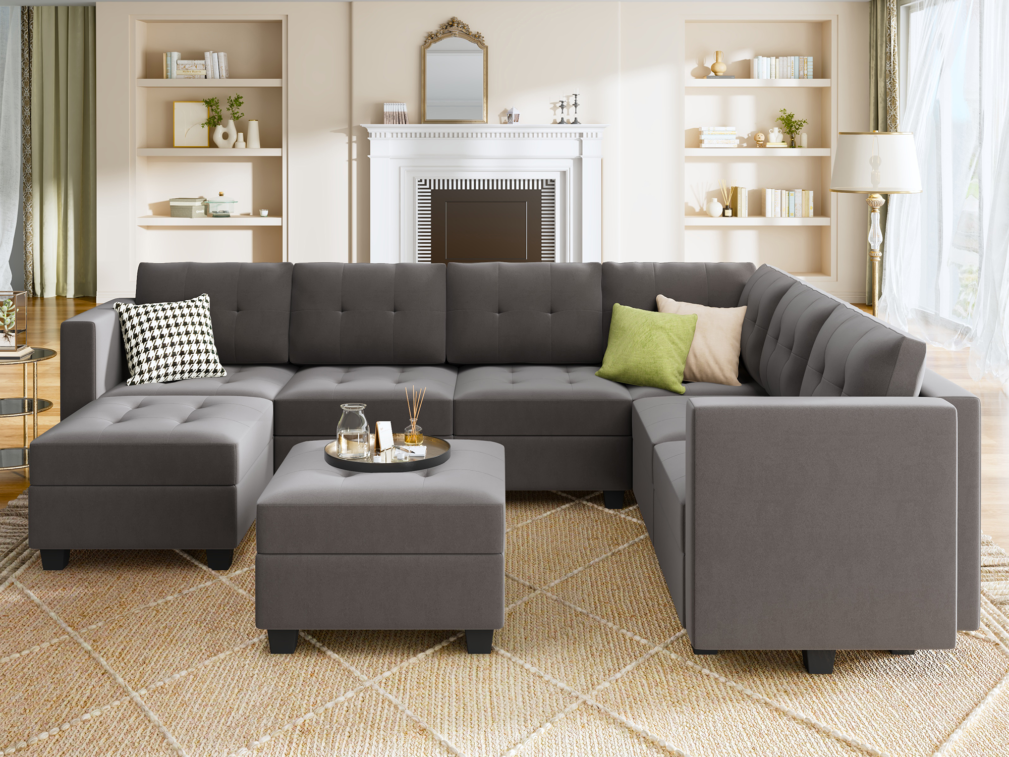 HONBAY Velvet Tufted 7-Seat Modular Sofa with Storage & Convertible Ottomans