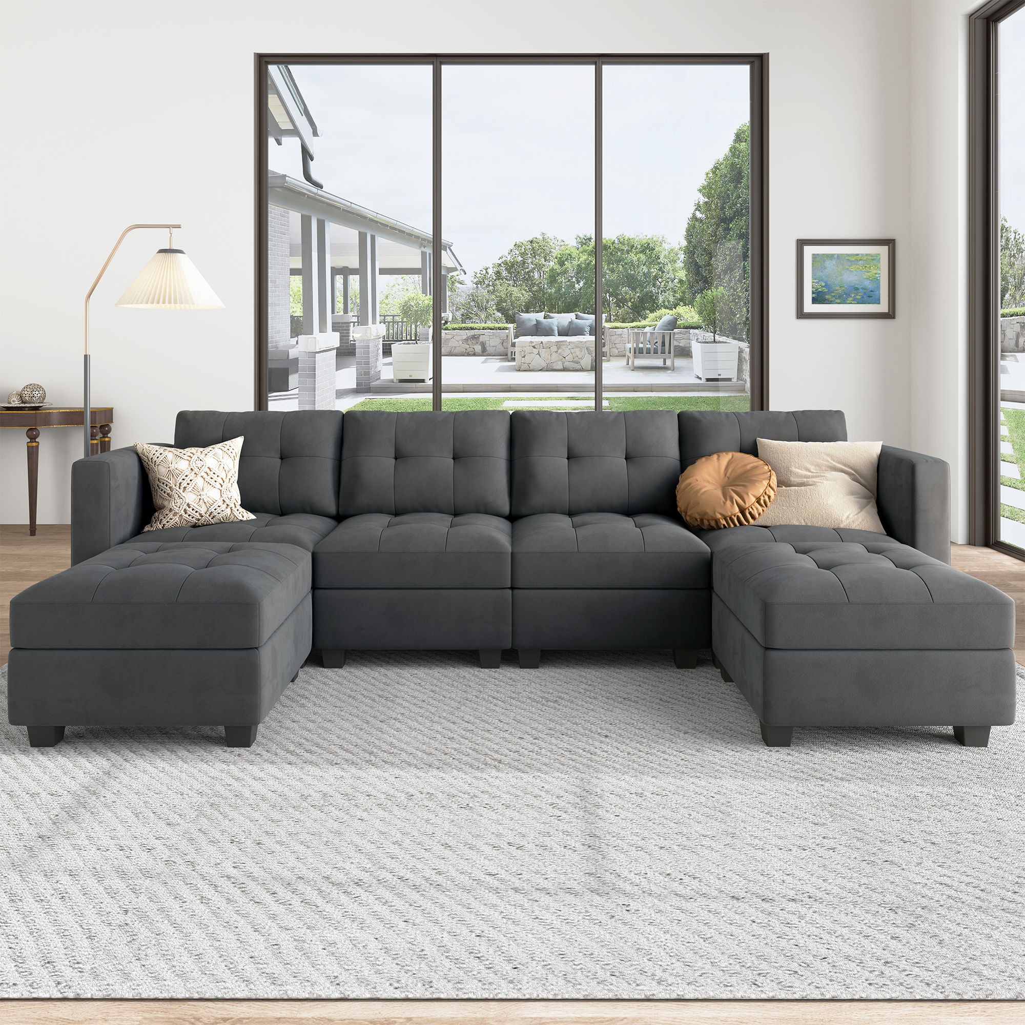 HONBAY Velvet Tufted U-Shaped Modular Sofa with Storage & Reversible Chaises