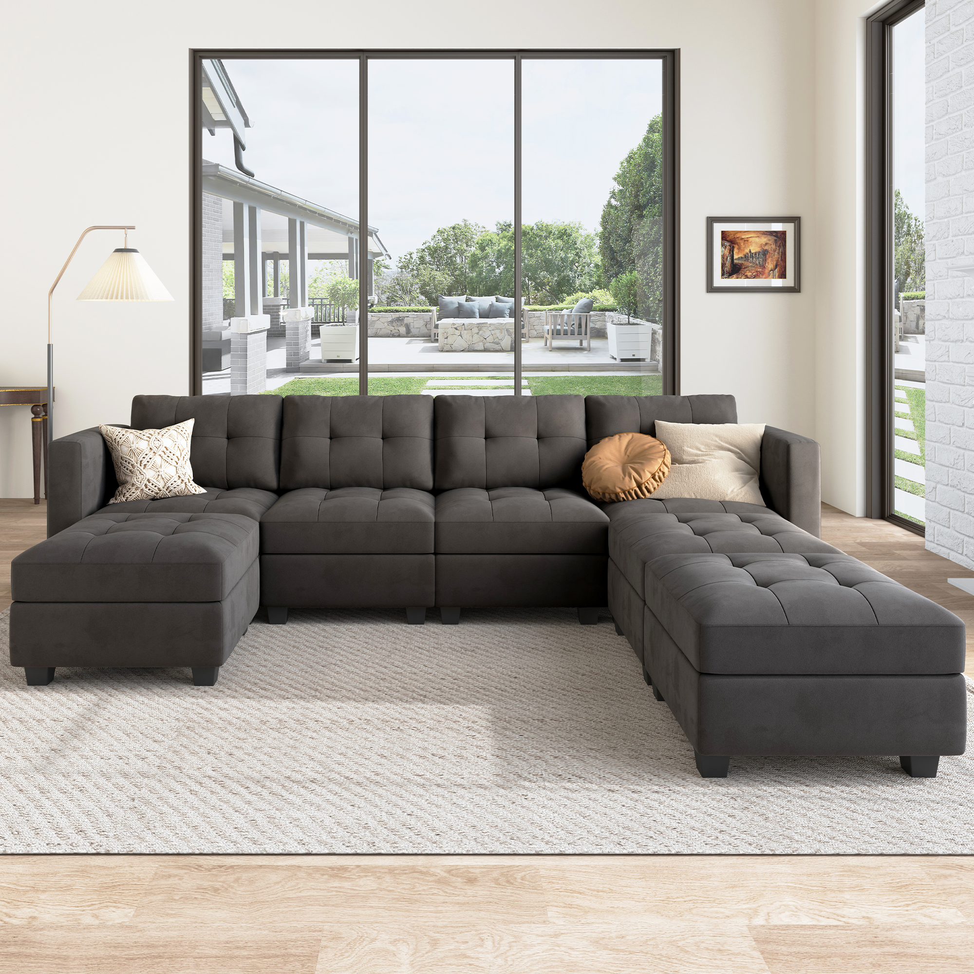 HONBAY Velvet Tufted U-Shaped Reversible Modular Sofa with Storage & Convertible Chaises