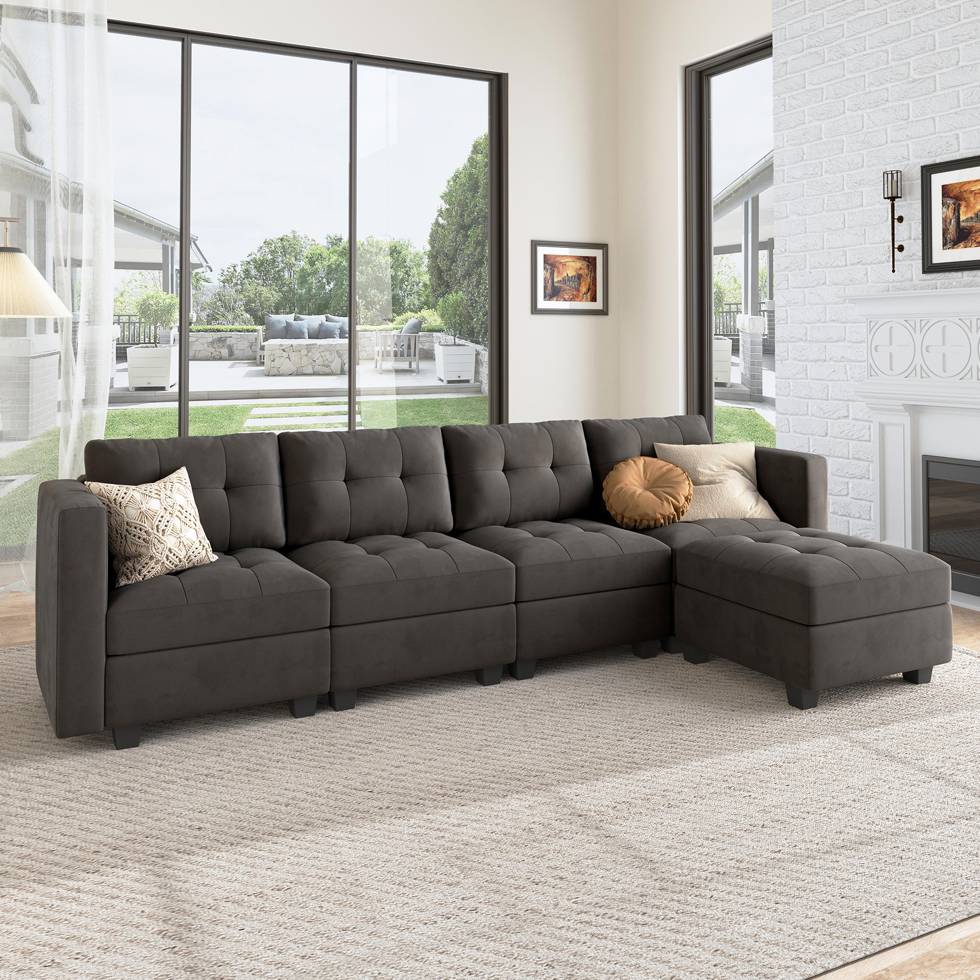 HONBAY Velvet Tufted 4-Seat L-Shaped Modular Sofa with Storage & Reversible Chaise