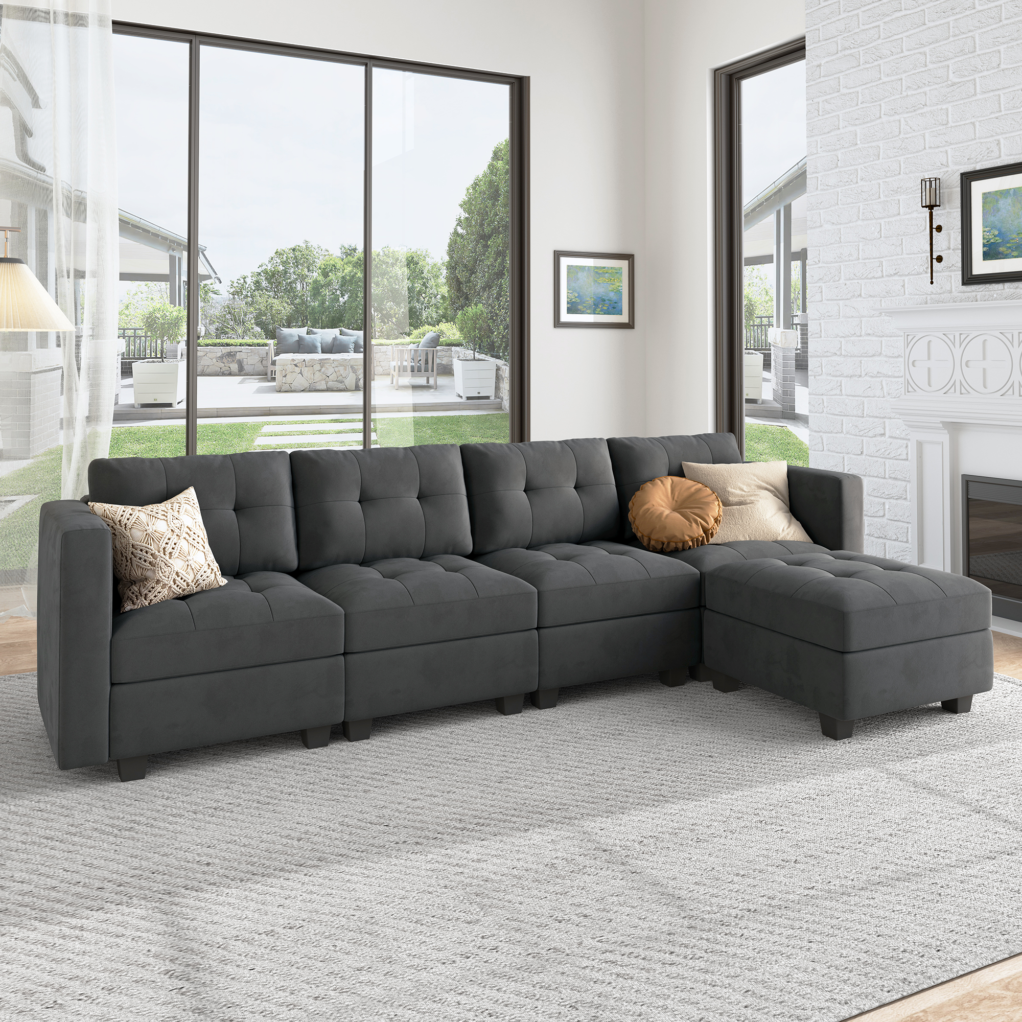 HONBAY 5-Piece Velvet Modular Sectional With Storage Seat #Color_Bluish Grey
