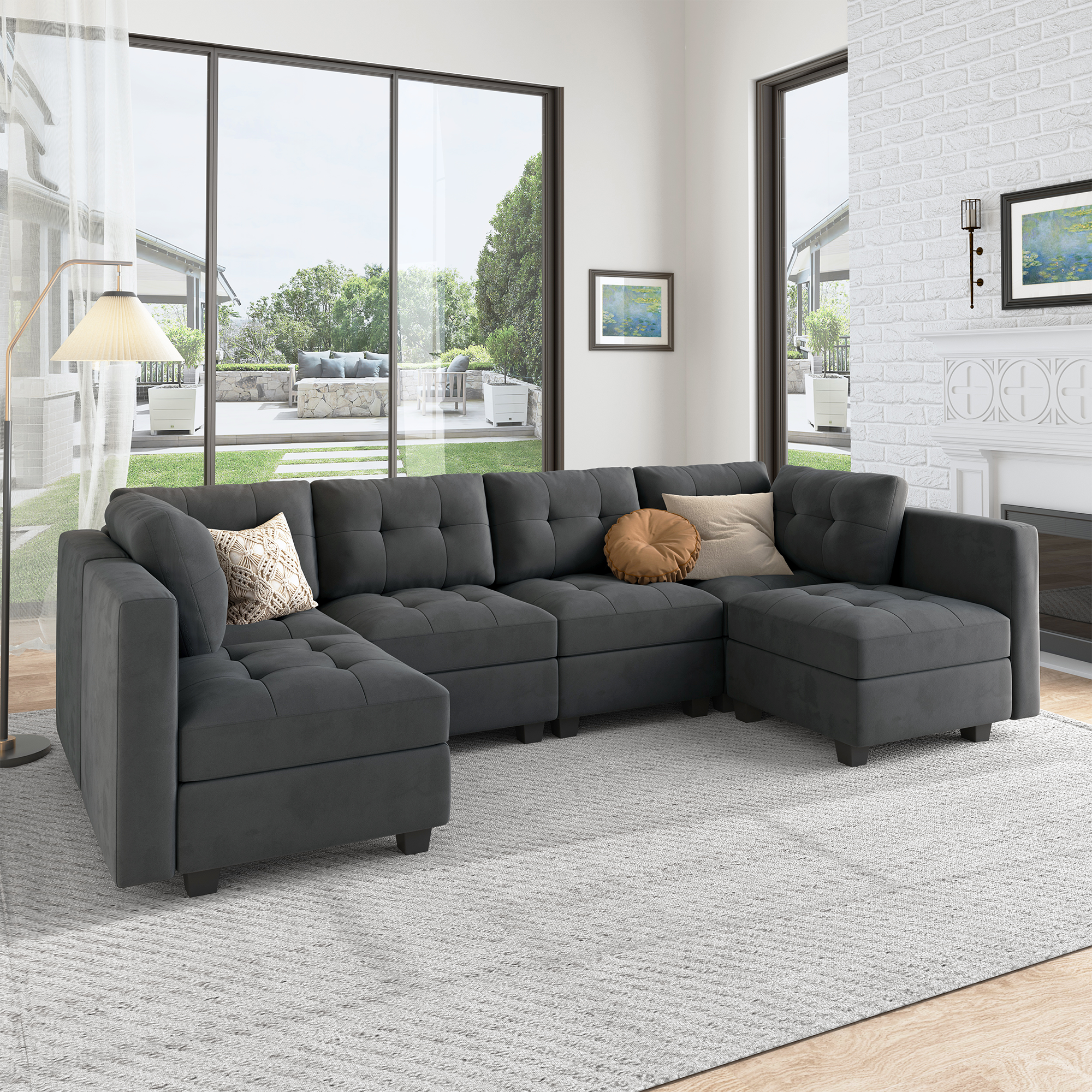 HONBAY Velvet Tufted U-Shaped Reversible Modular Sofa with Storage Ottoman