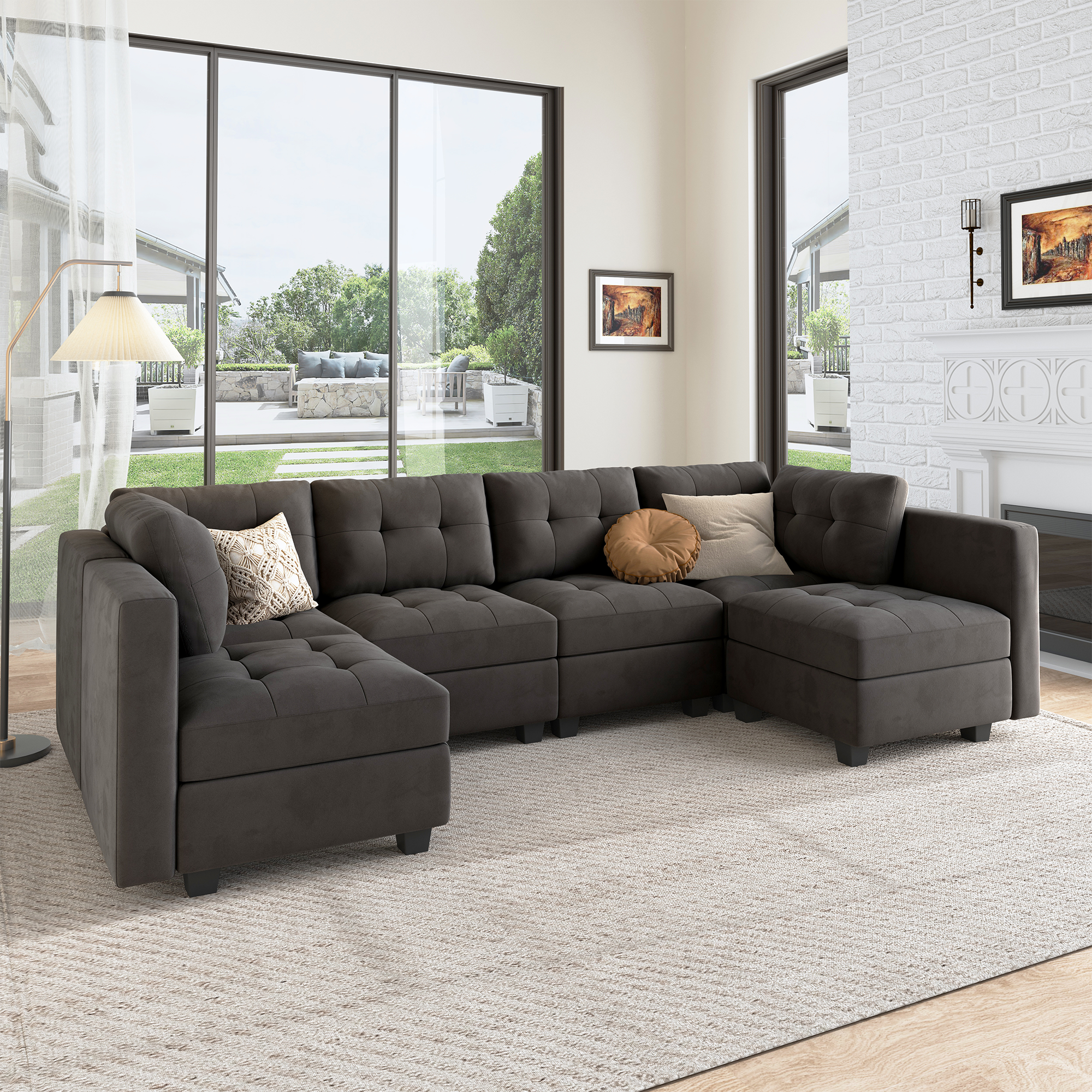 HONBAY Velvet Tufted U-Shaped Reversible Modular Sofa with Storage Ottoman