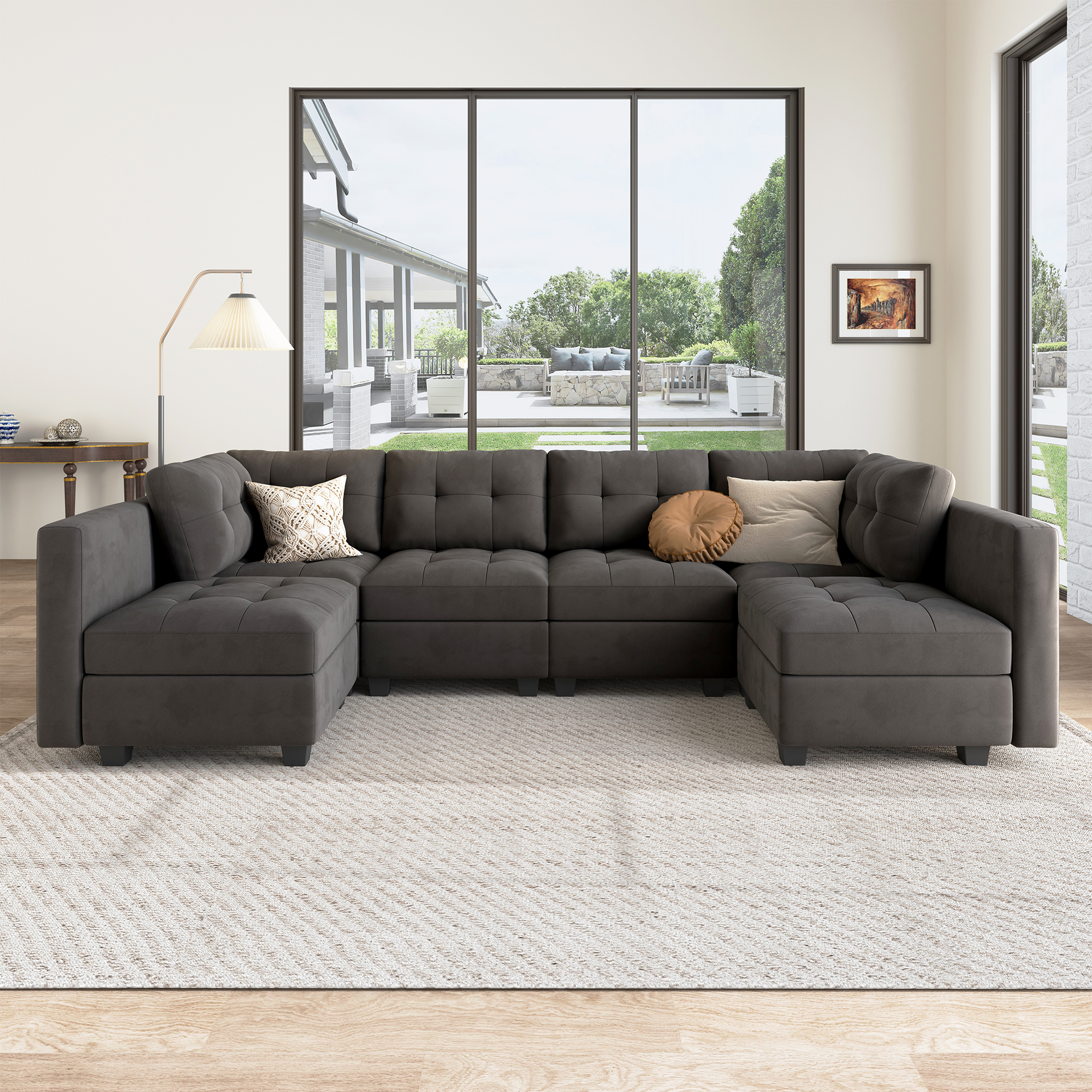 HONBAY Velvet Tufted U-Shaped Reversible Modular Sofa with Storage Ottoman