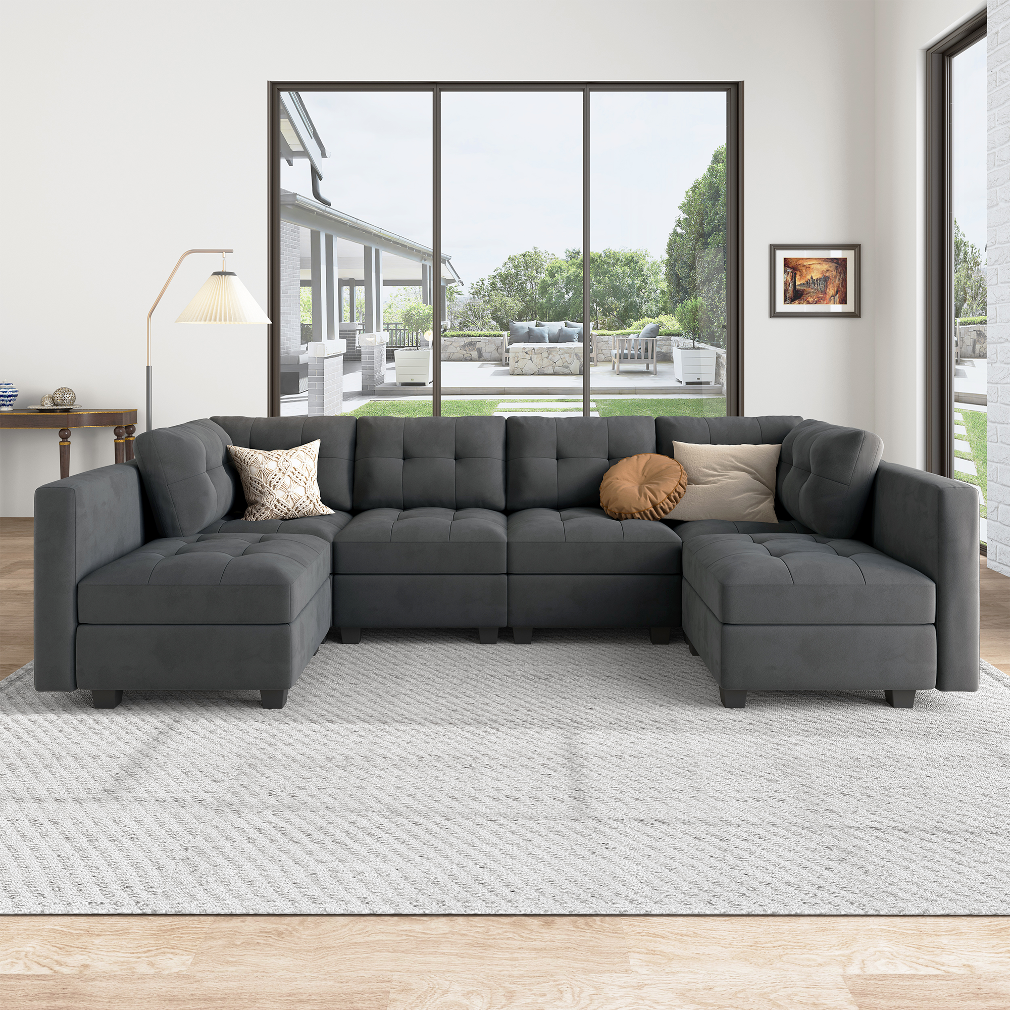 HONBAY Velvet Tufted U-Shaped Reversible Modular Sofa with Storage Ottoman