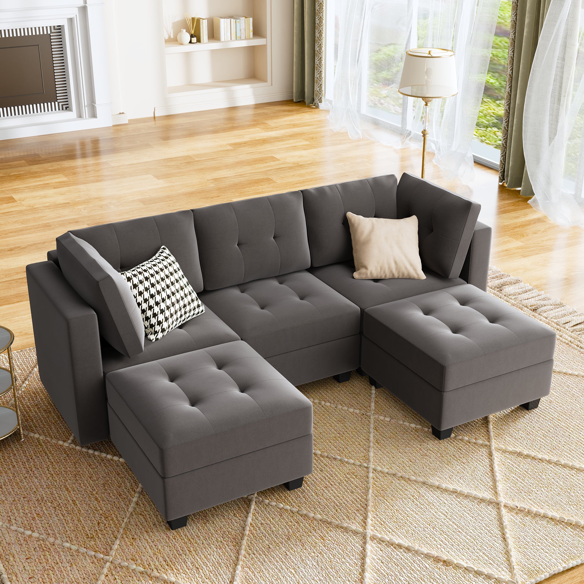HONBAY Velvet Tufted 3-Seat U-Shaped Modular Storage Sofa with 2 Convertible Ottomans