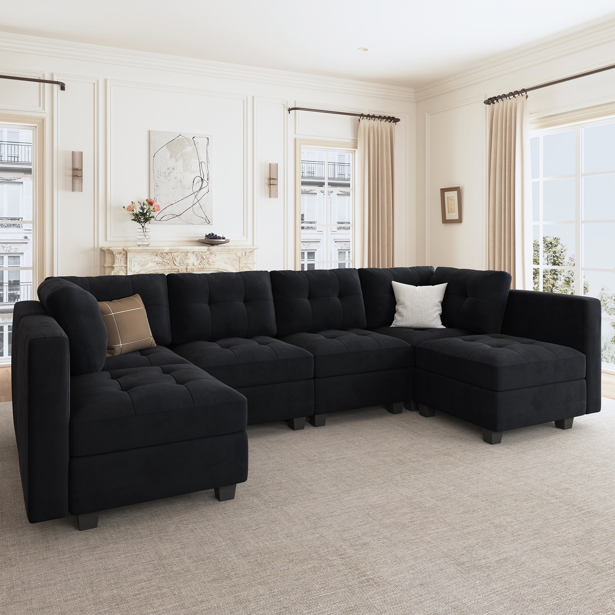 HONBAY Velvet Sectional Sofa Couch Set with Chaise and Tufted Back