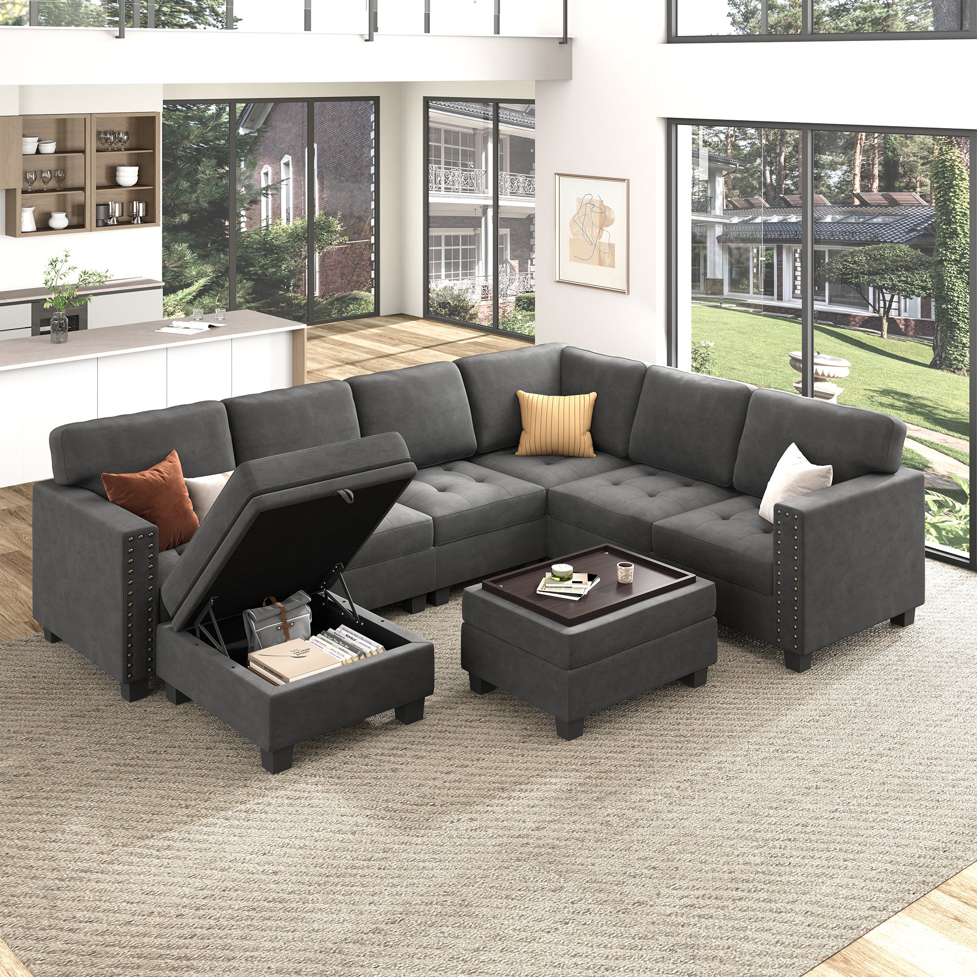 HONBAY Velvet U-Shaped 8-Seater Corner Sectional Sofa with Reversible Storage & Lid Ottoman #Color_Grey