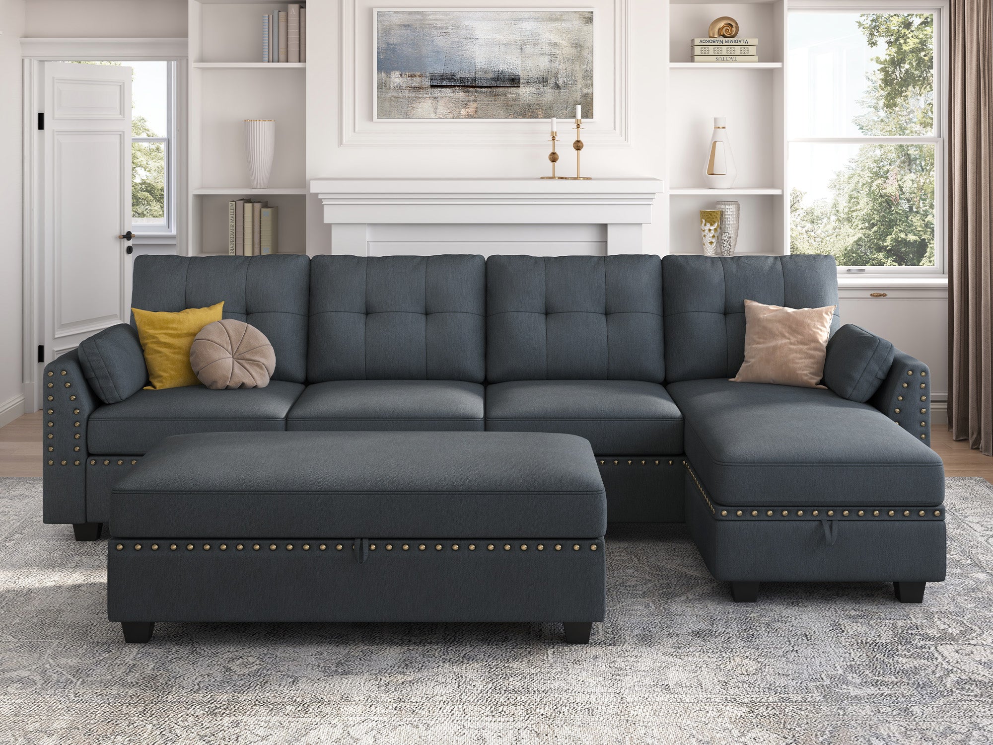 HONBAY 4-Seat L-Shaped Sectional Sofa with Rectangle Storage Ottoman