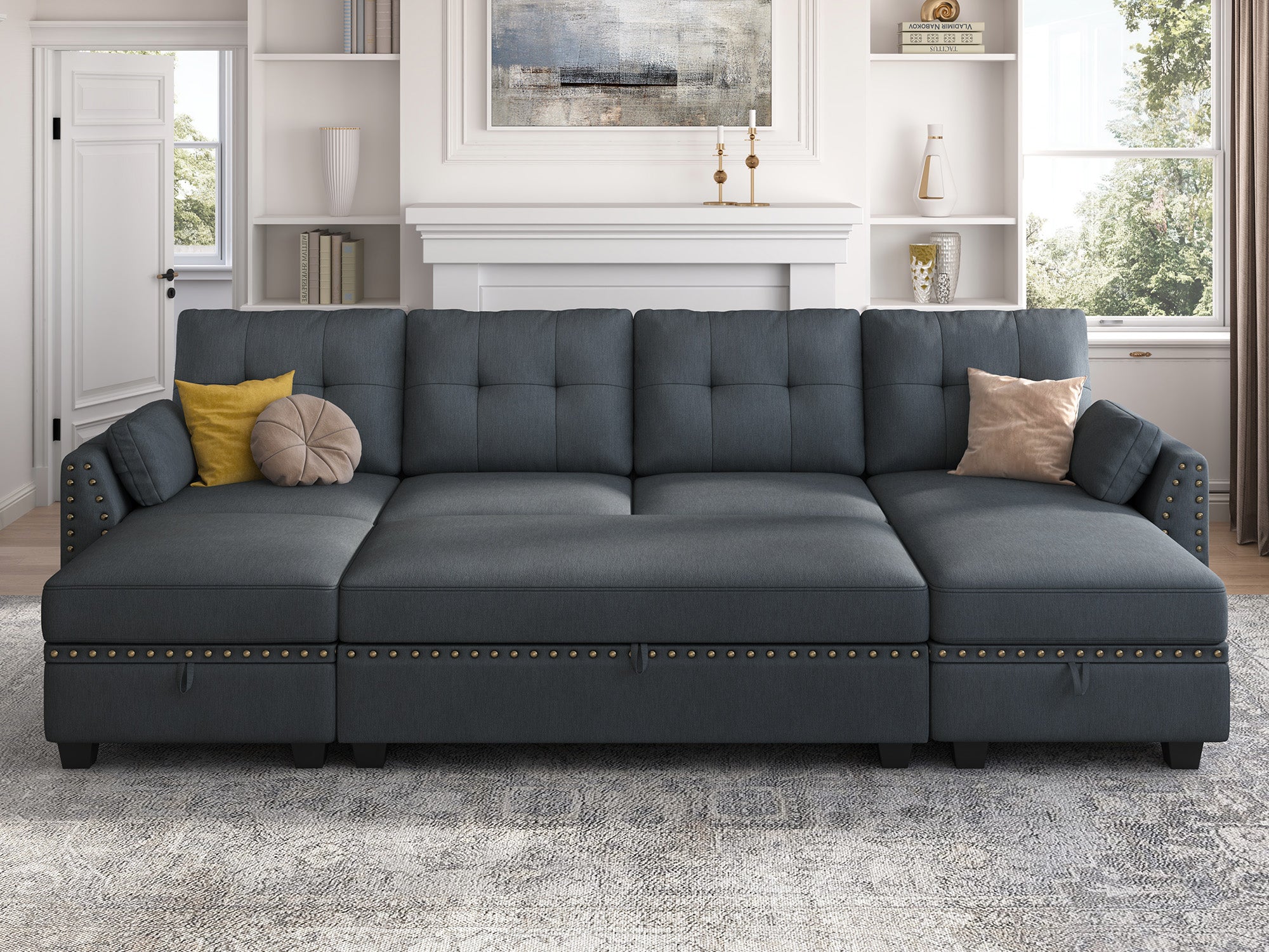 HONBAY 4-Seat Sectional Sofa Sleeper with Storage