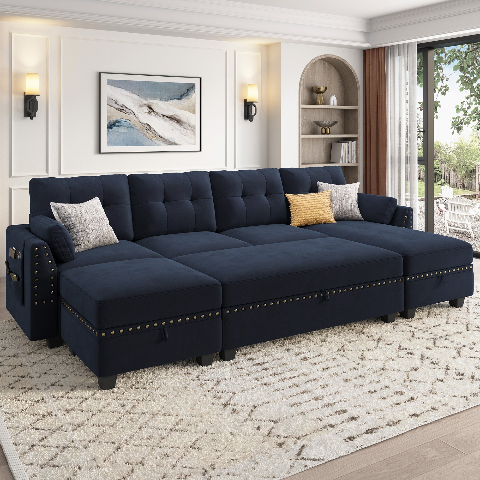 HONBAY Velvet 4-Seat Sectional Sofa Sleeper with Storage