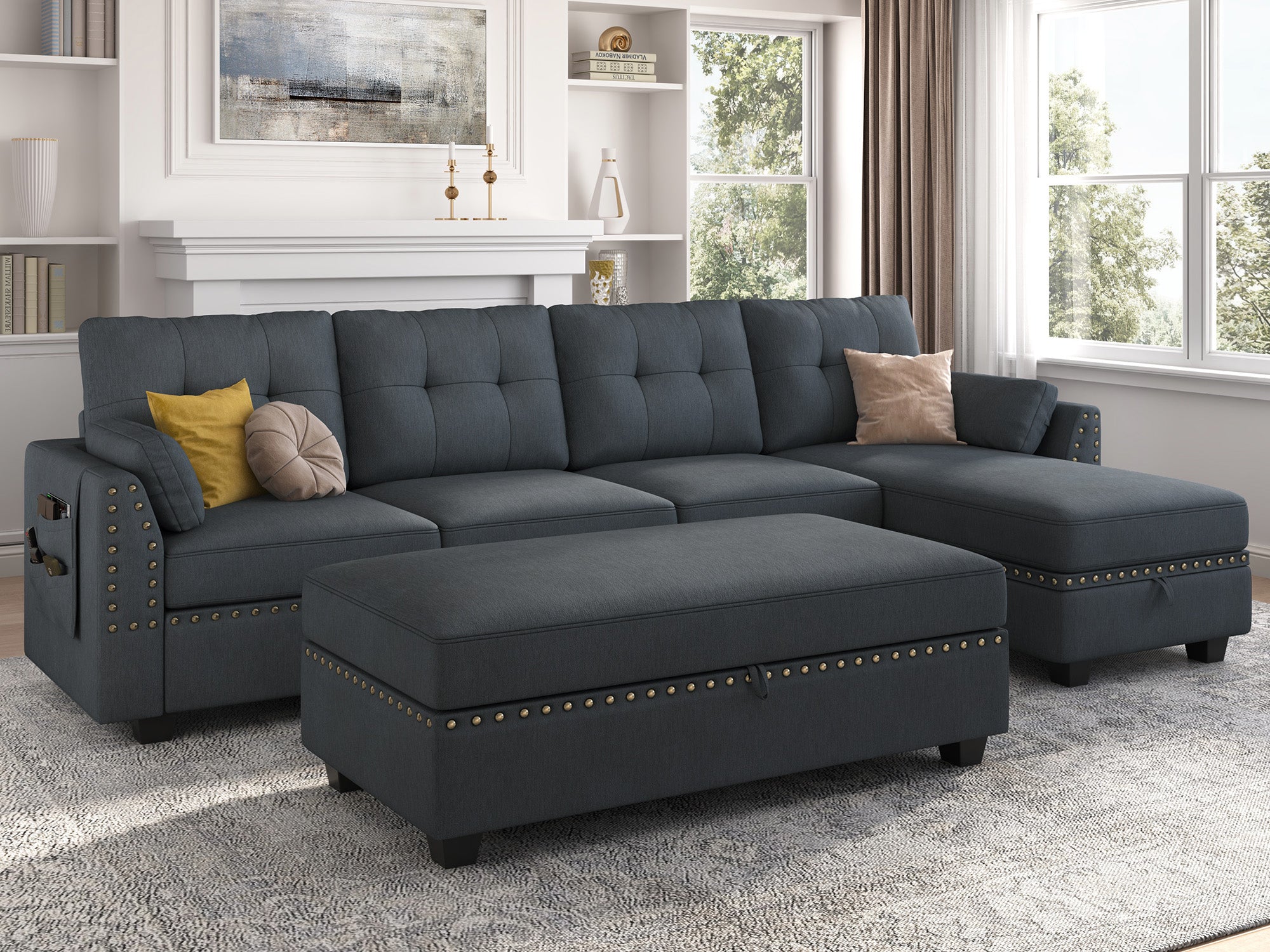 HONBAY 4-Seat L-Shaped Sectional Sofa with Rectangle Storage Ottoman