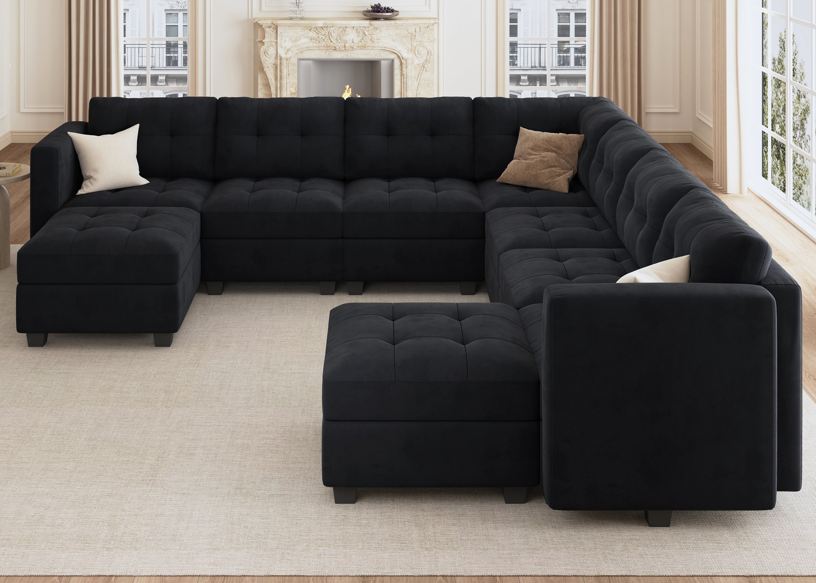 HONBAY Velvet Tufted 9-Seat Modular Sofa Oversized U Shaped with Storage & Convertible Ottomans