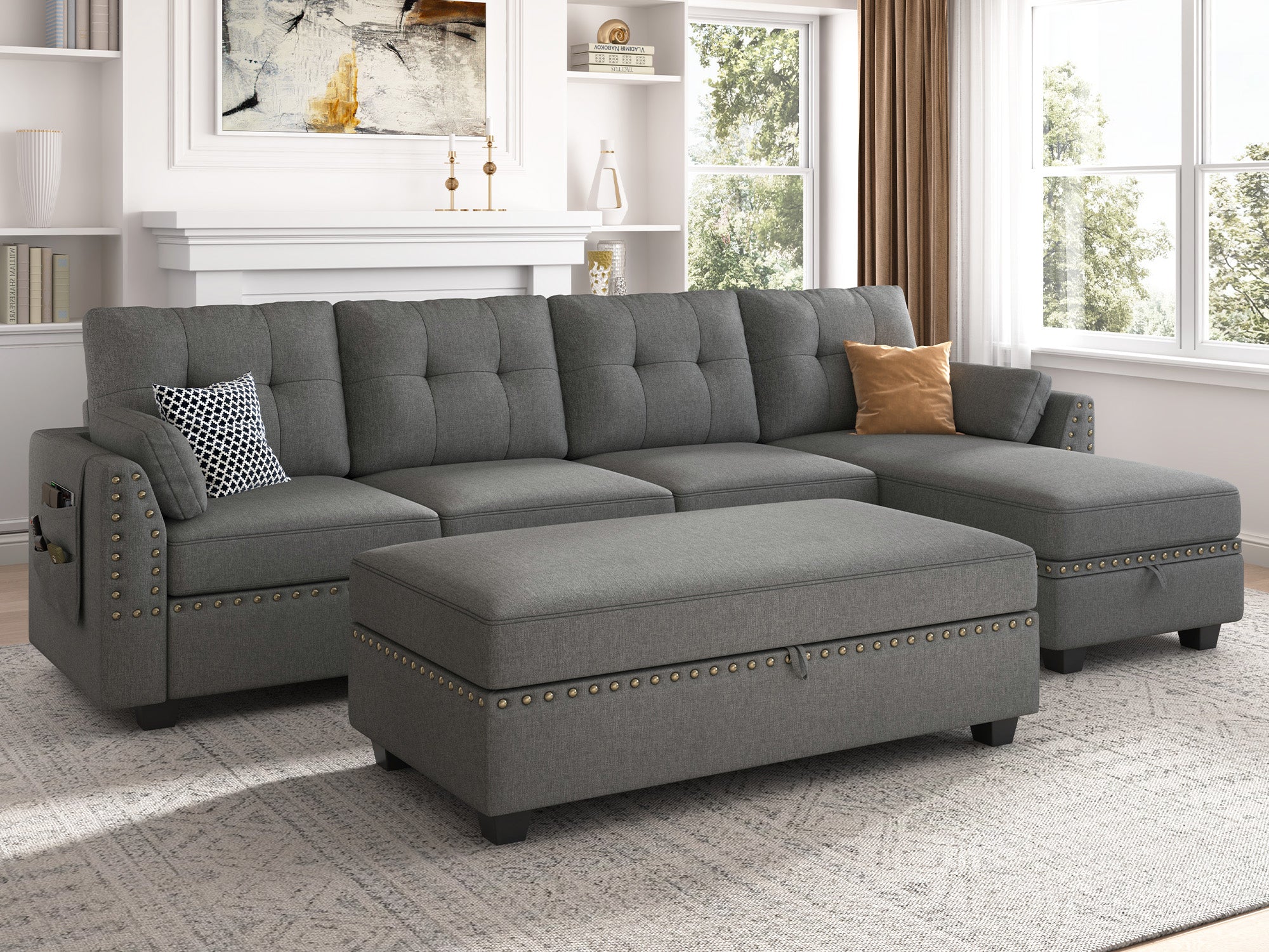HONBAY 4-Seat L-Shaped Sectional Sofa with Rectangle Storage Ottoman