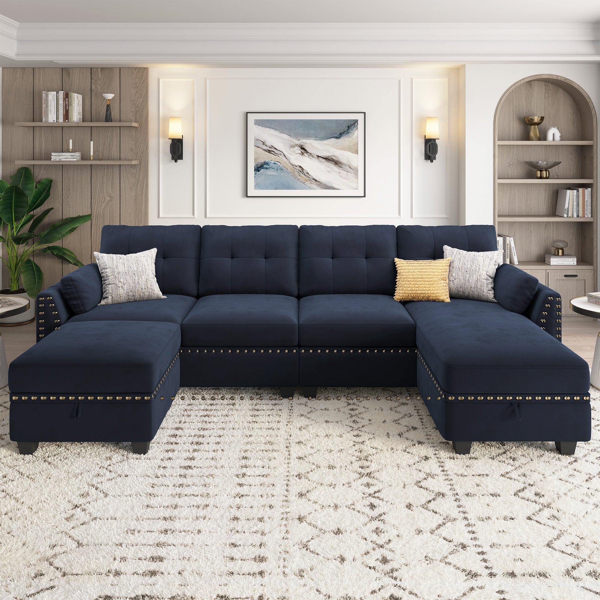 HONBAY 5-Piece Velvet Convertible Sectional With Storage Ottoman
