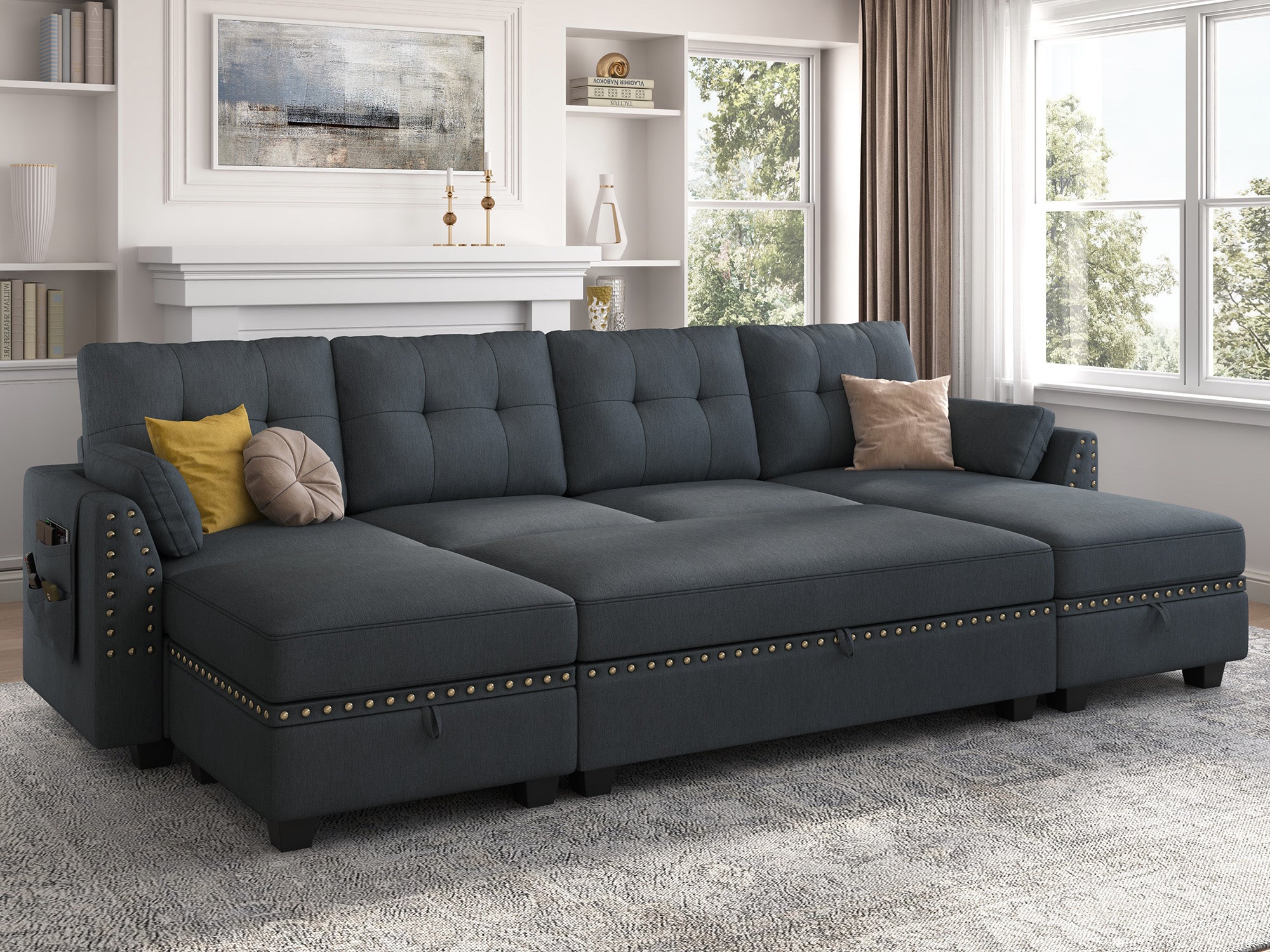 HONBAY 4-Seat Sectional Sofa Sleeper with Storage