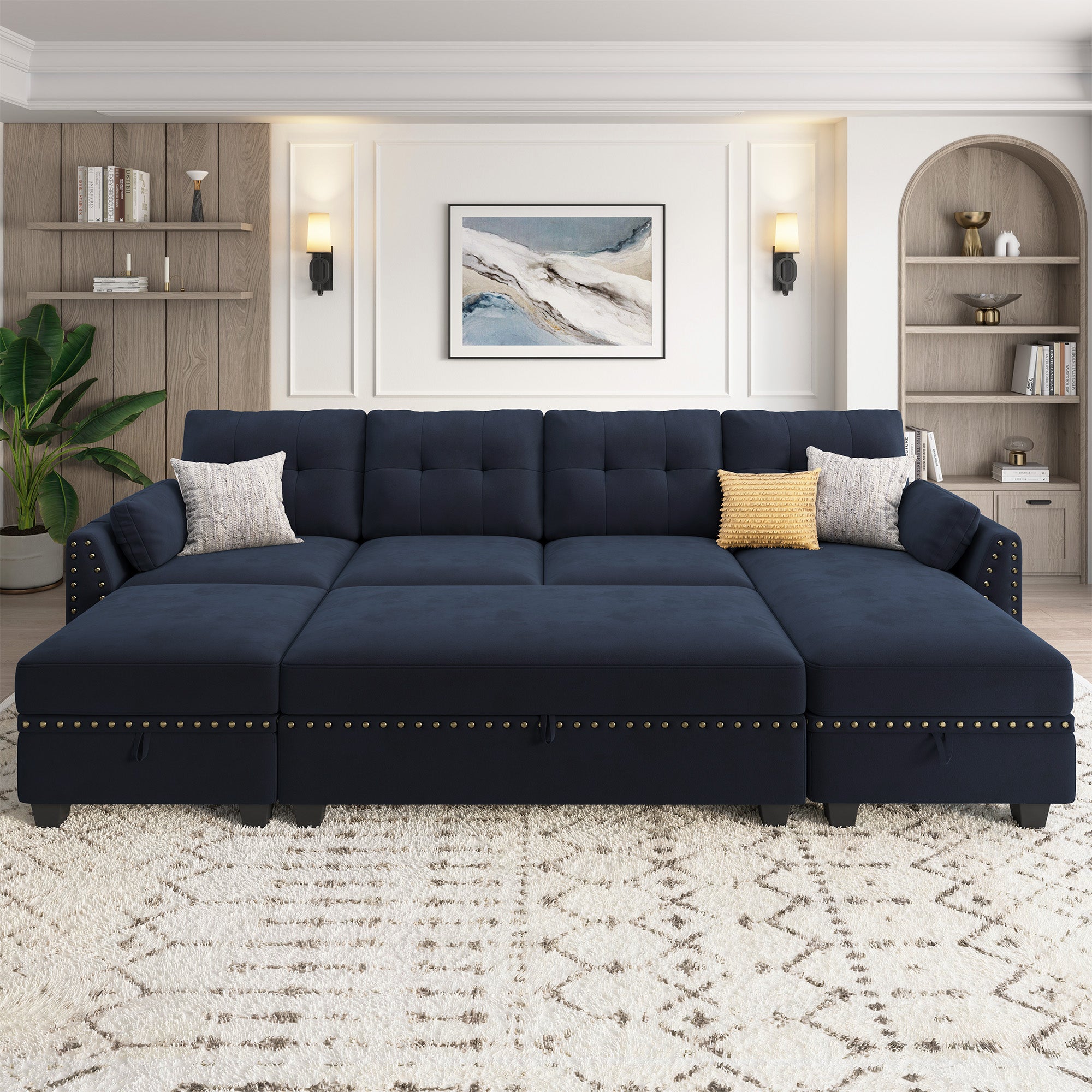 HONBAY Velvet 4-Seat Sectional Sofa Sleeper with Storage