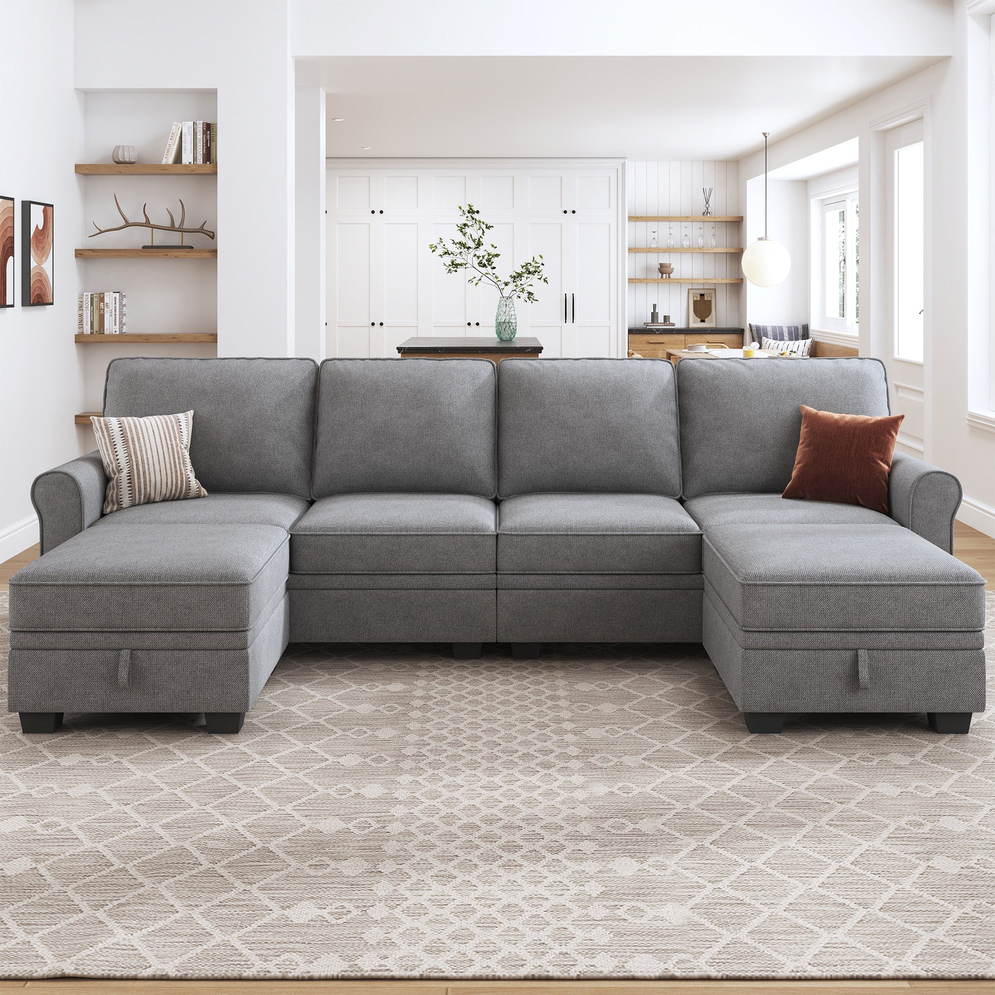 HONBAY 4-Seat Sectional Sofa U-Shaped Sofa with Storage Seat Media#Color_Light Grey