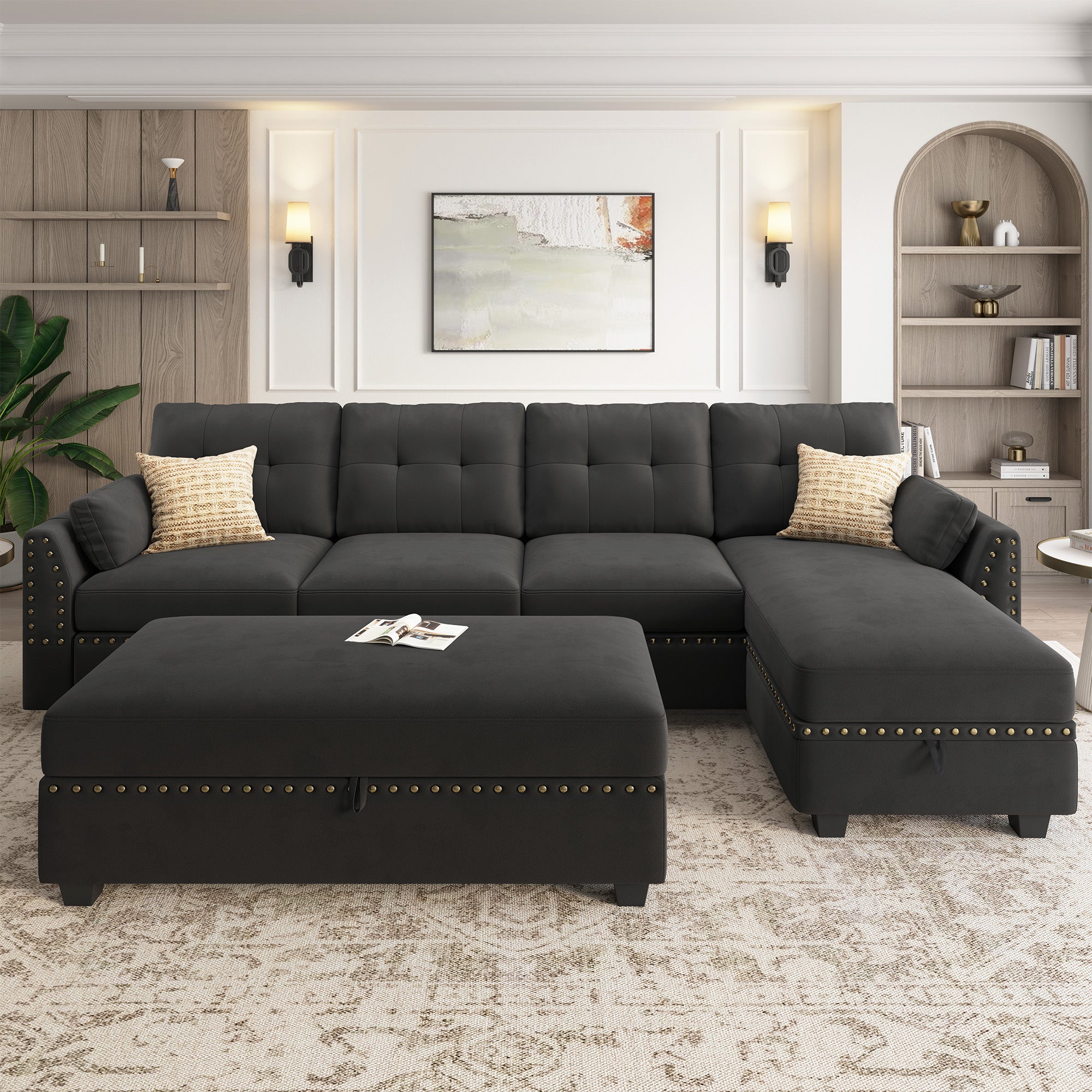 HONBAY Velvet 4-Seat L-Shaped Sectional Sofa with Storage Ottoman