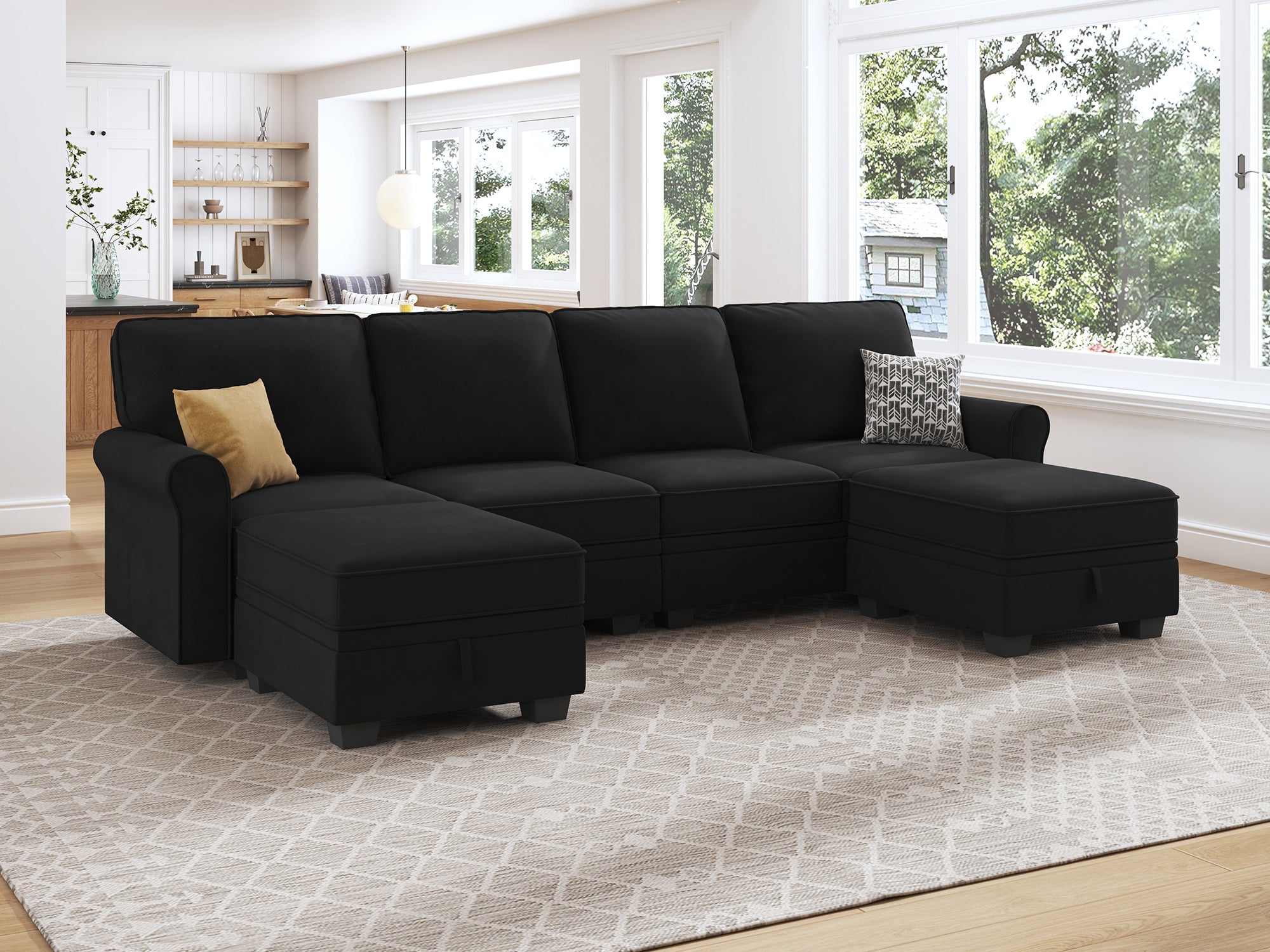 HONBAY Velvet 4-Seat Sectional Sofa U-Shaped Sofa with Storage Seat