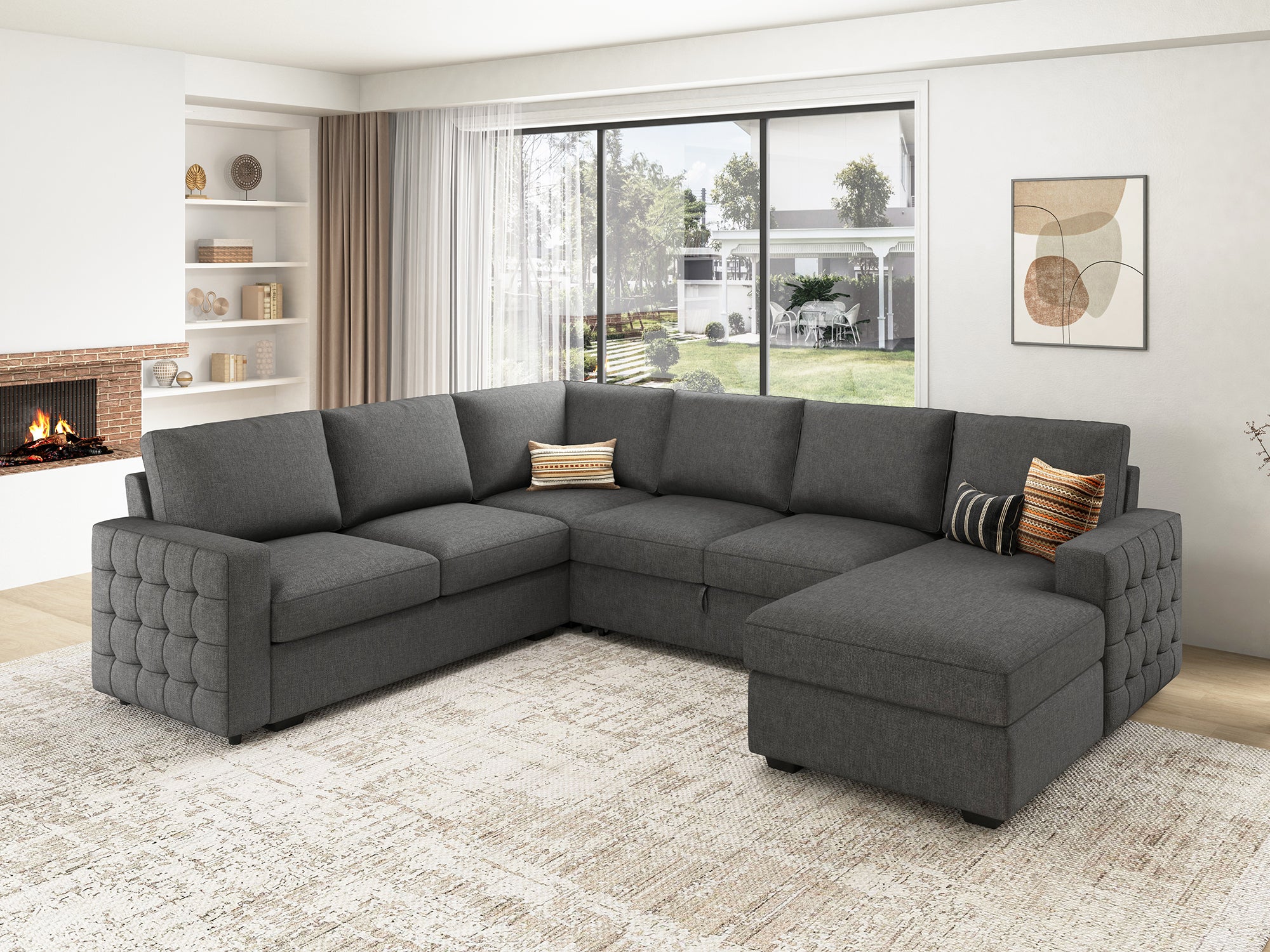 HONBAY 6-Piece Polyester Sleeper Sectional With Storage Space #Color_Light Grey