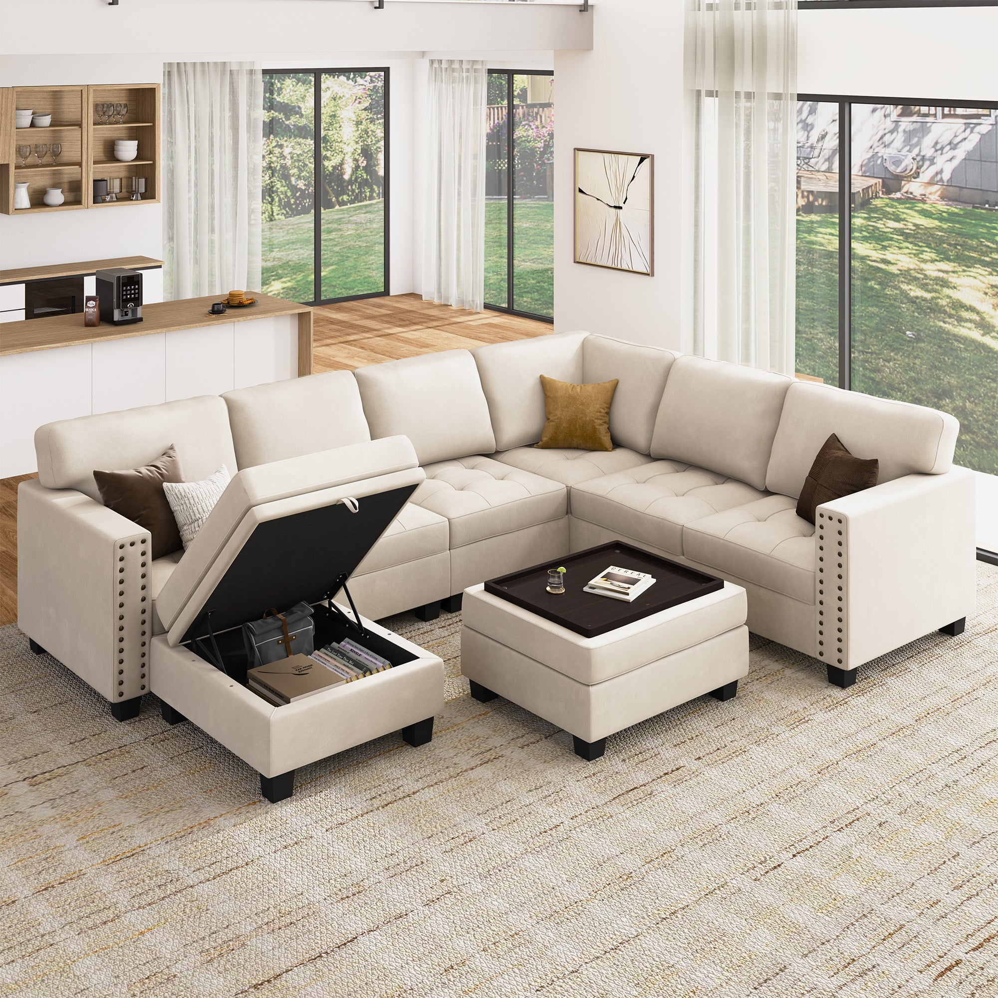 HONBAY Velvet U-Shaped 8-Seater Corner Sectional Sofa with Reversible Storage & Lid Ottoman #Color_Beige
