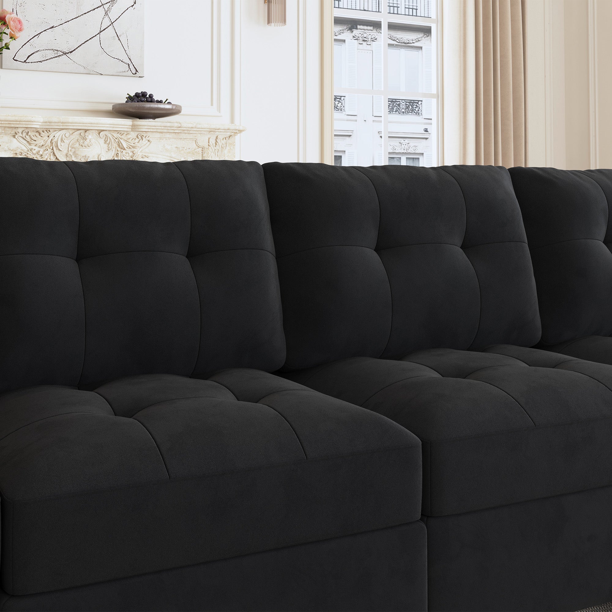 HONBAY Velvet Tufted U-Shaped Reversible Modular Sofa with Storage Ottoman