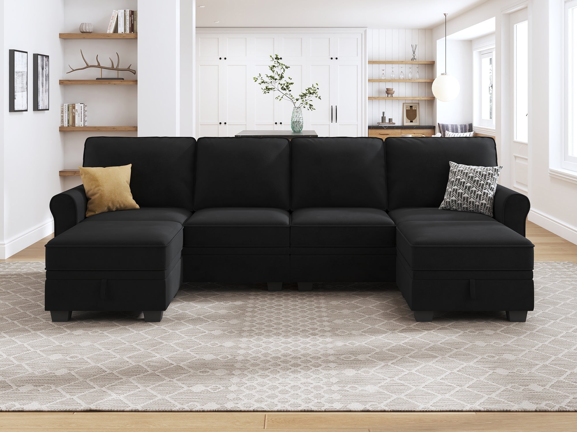 HONBAY Velvet 4-Seat Sectional Sofa U-Shaped Sofa with Storage Seat
