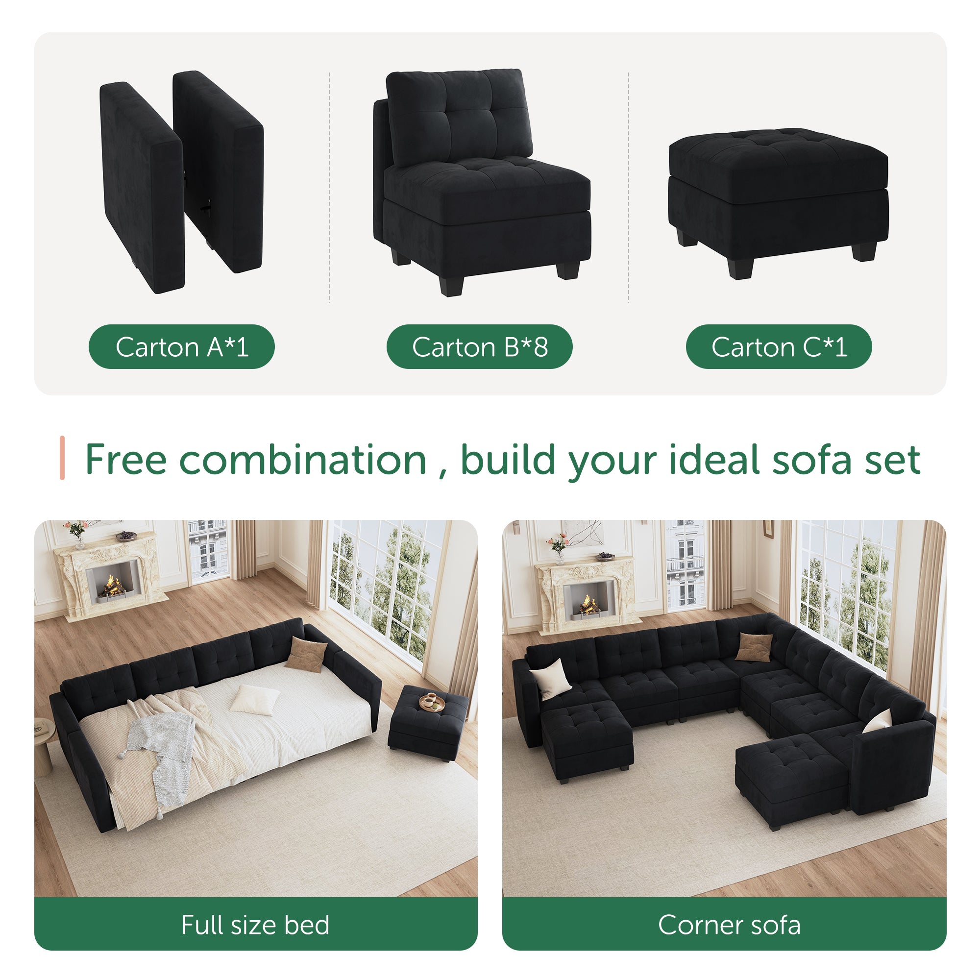 HONBAY Velvet Tufted 9-Seat Modular Sofa Oversized U Shaped with Storage & Convertible Ottomans