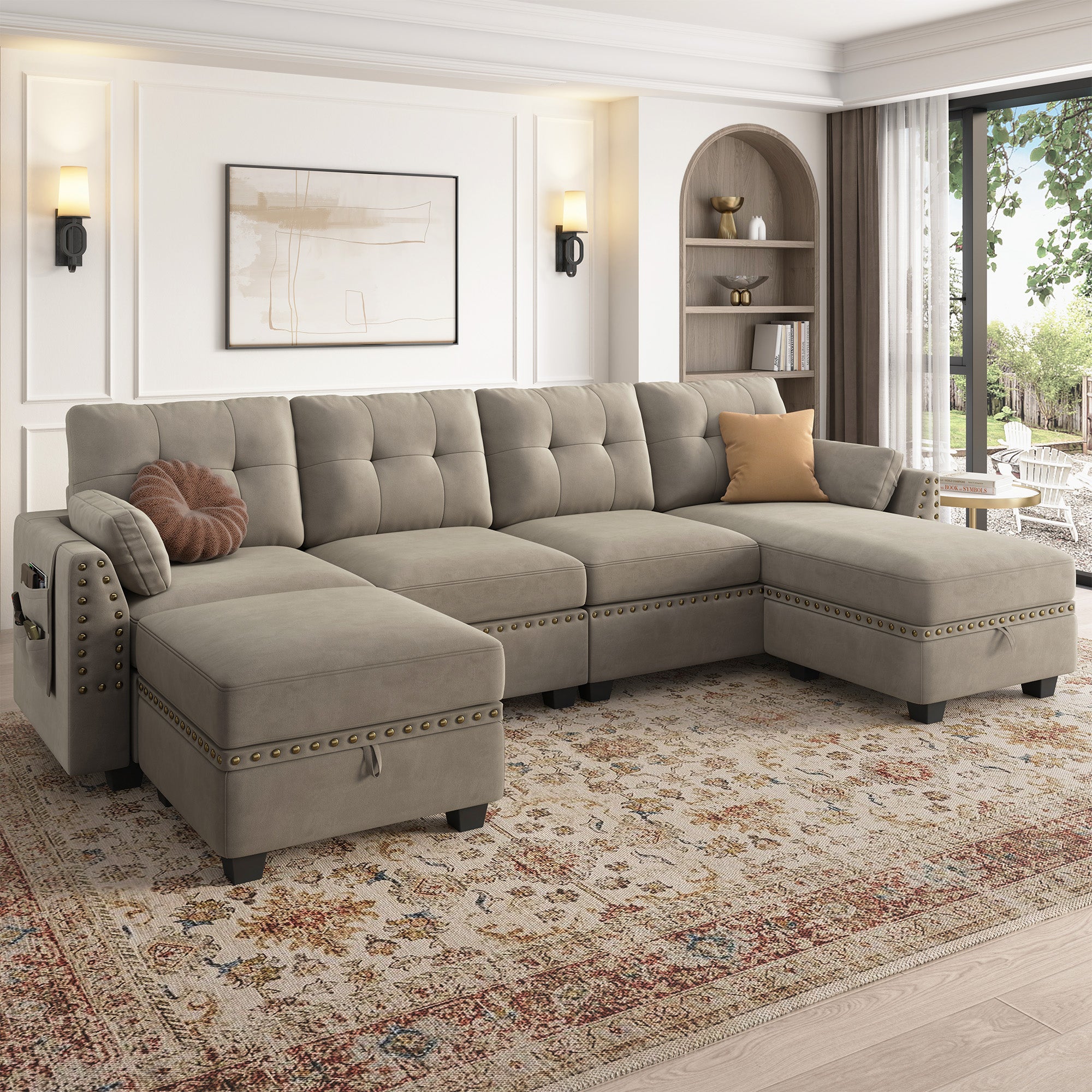 HONBAY Velvet 4-Seat U-Shaped Sectional Sofa with Storage Reversible Chaise Set