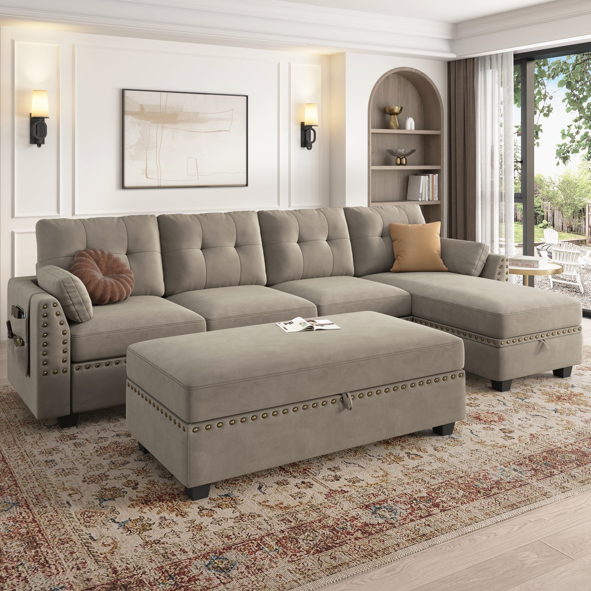 HONBAY Rectangle Storage Ottoman for Sectional Sofa