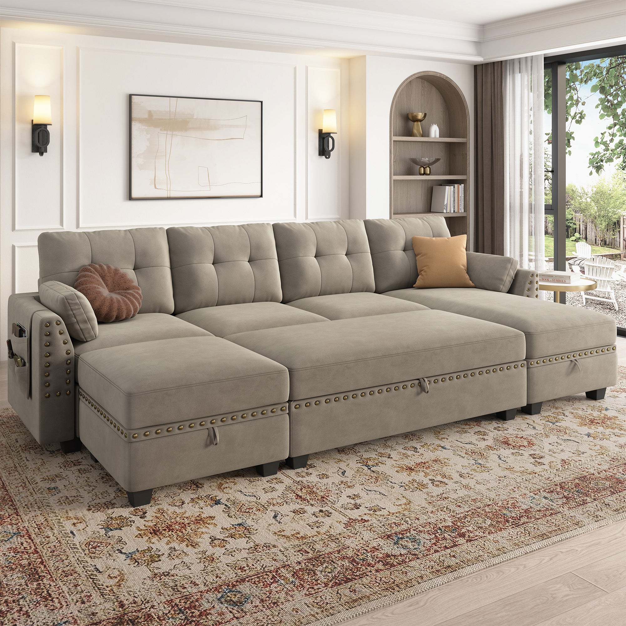 HONBAY Velvet 4-Seat Sectional Sofa Sleeper with Storage
