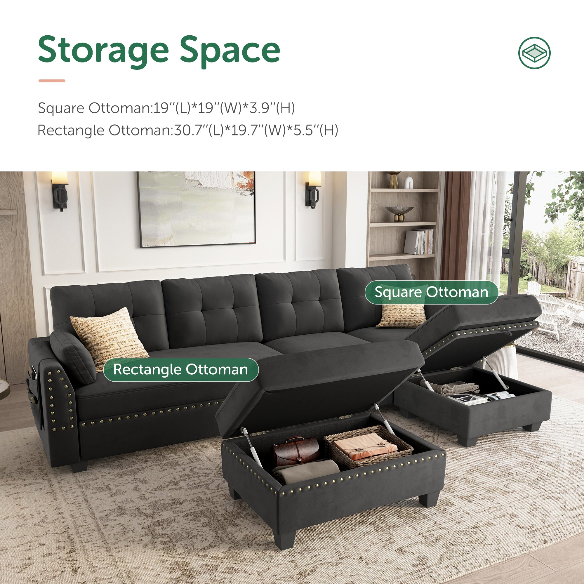 HONBAY Velvet 4-Seat L-Shaped Sectional Sofa with Storage Ottoman Set