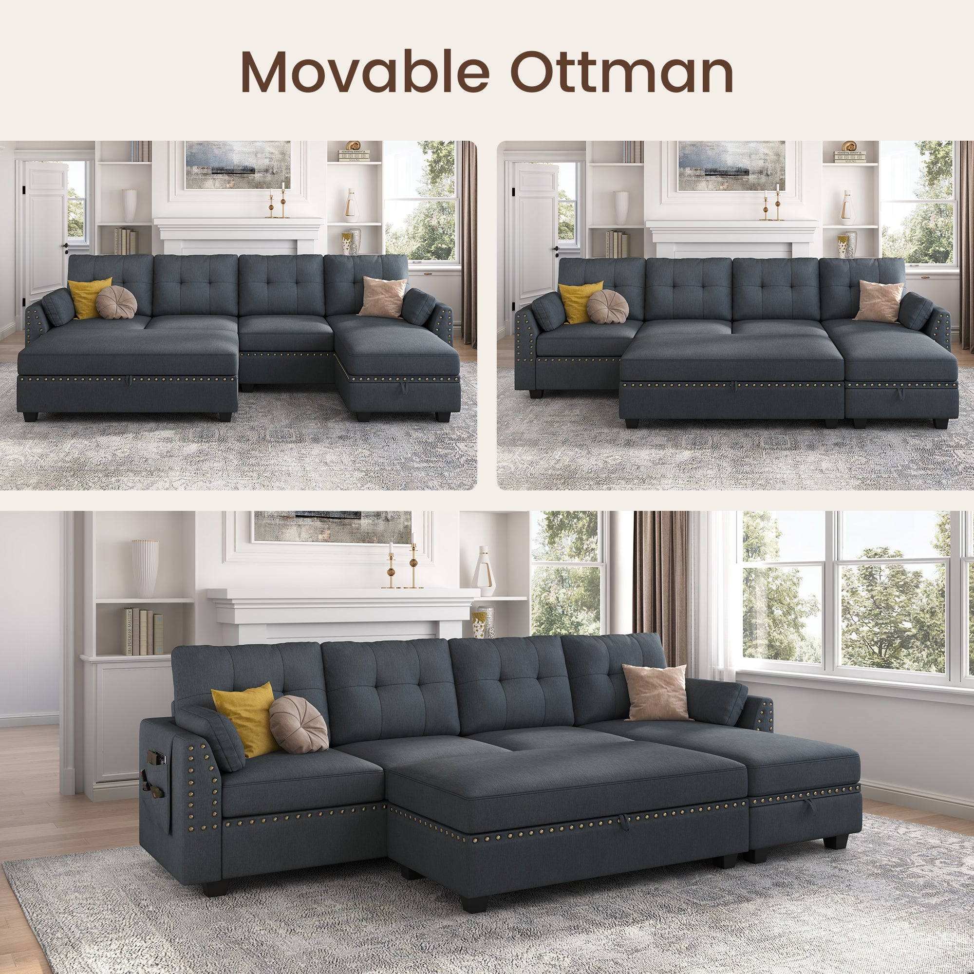 HONBAY 4-Seat L-Shaped Sectional Sofa with Rectangle Storage Ottoman
