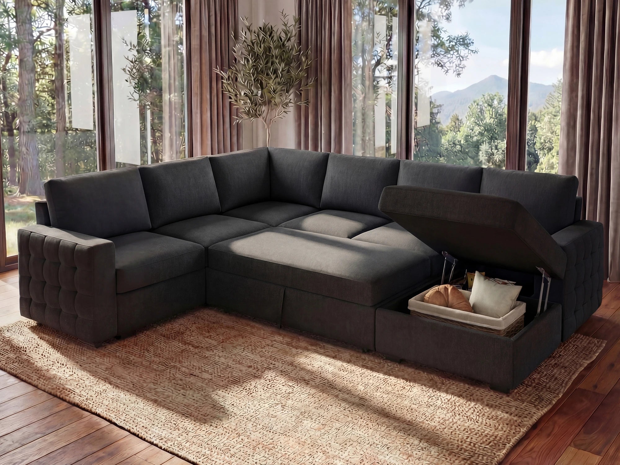 HONBAY 6-Piece Sleeper Sectional With Storage Space #Color_Dark Gray