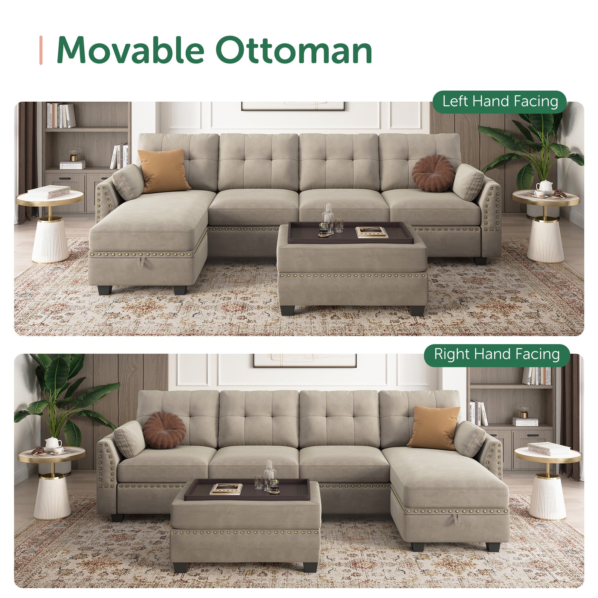 HONBAY Velvet 4-Seat L-Shaped Sectional Sofa with Table Ottoman Set