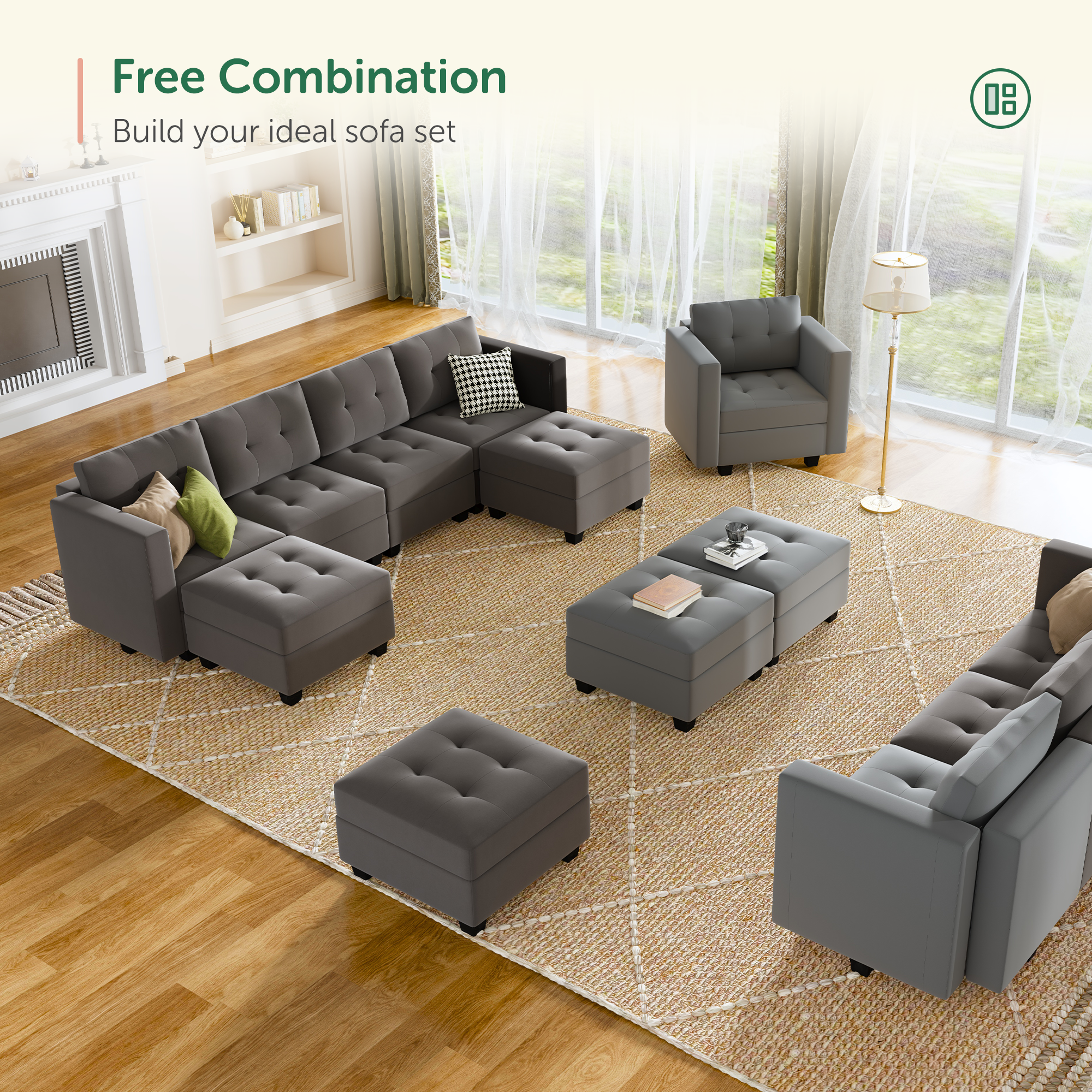 HONBAY Velvet Tufted 11-Seat Modular Storage Sofa with Storage Ottoman