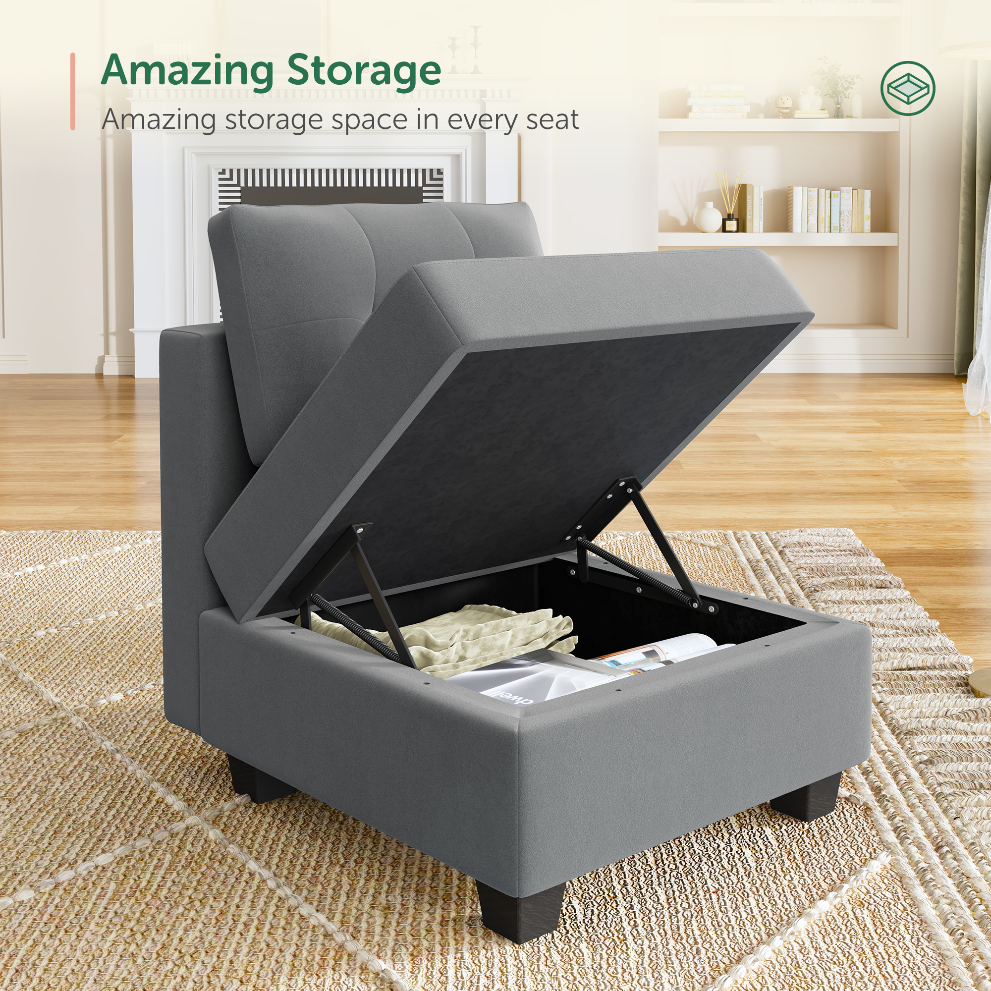 HONBAY Velvet Tufted 3-Seat Modular Storage Sofa Couch & Sofa Bed